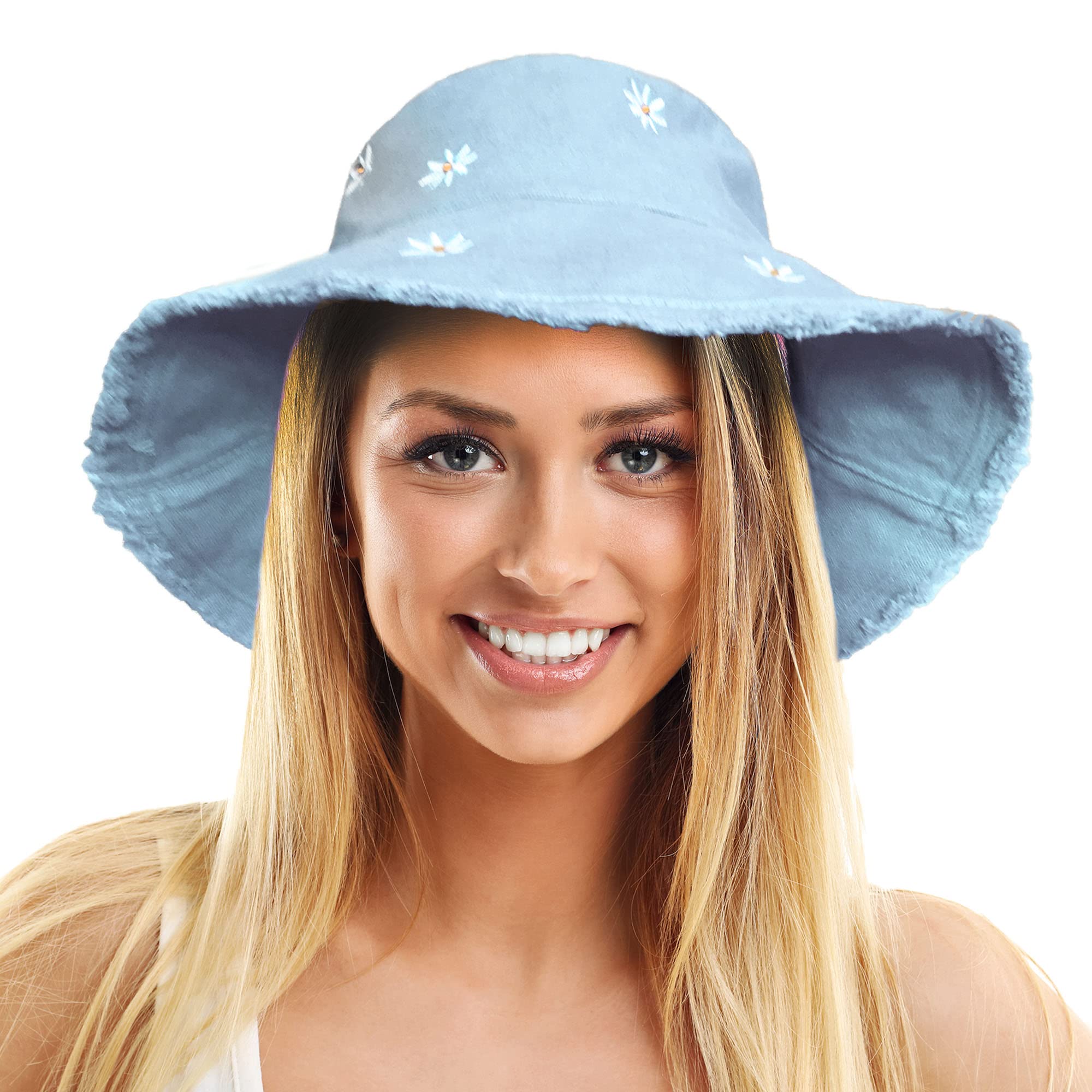 Toskatok Women's Blue Upf 50+ Soft Washed Cotton Bucket Sun Hat With Embroidered Daisy Motifs, Shapeable Brim And Frayed Edge-1
