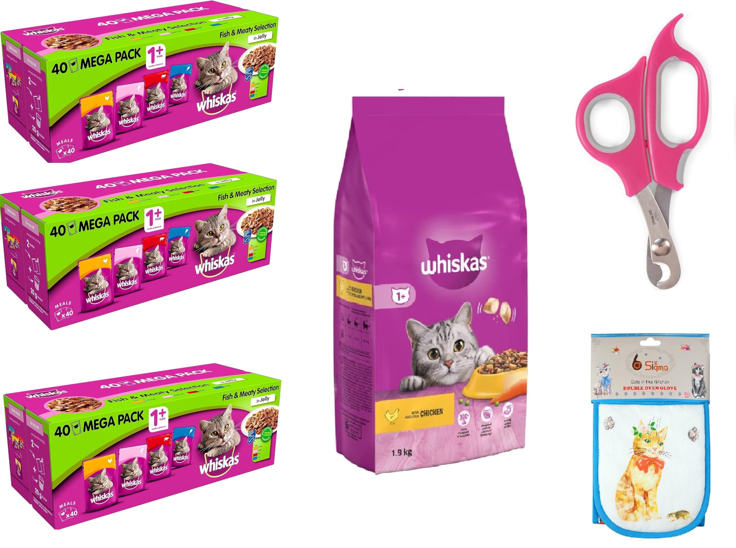 Whis-kas Bundle Wet Cats Food Pouch Mega Pack 80 x 85g Adult Fish and Meaty Selection in Jelly Cat Theme Double Oven Gloves -cat food wet