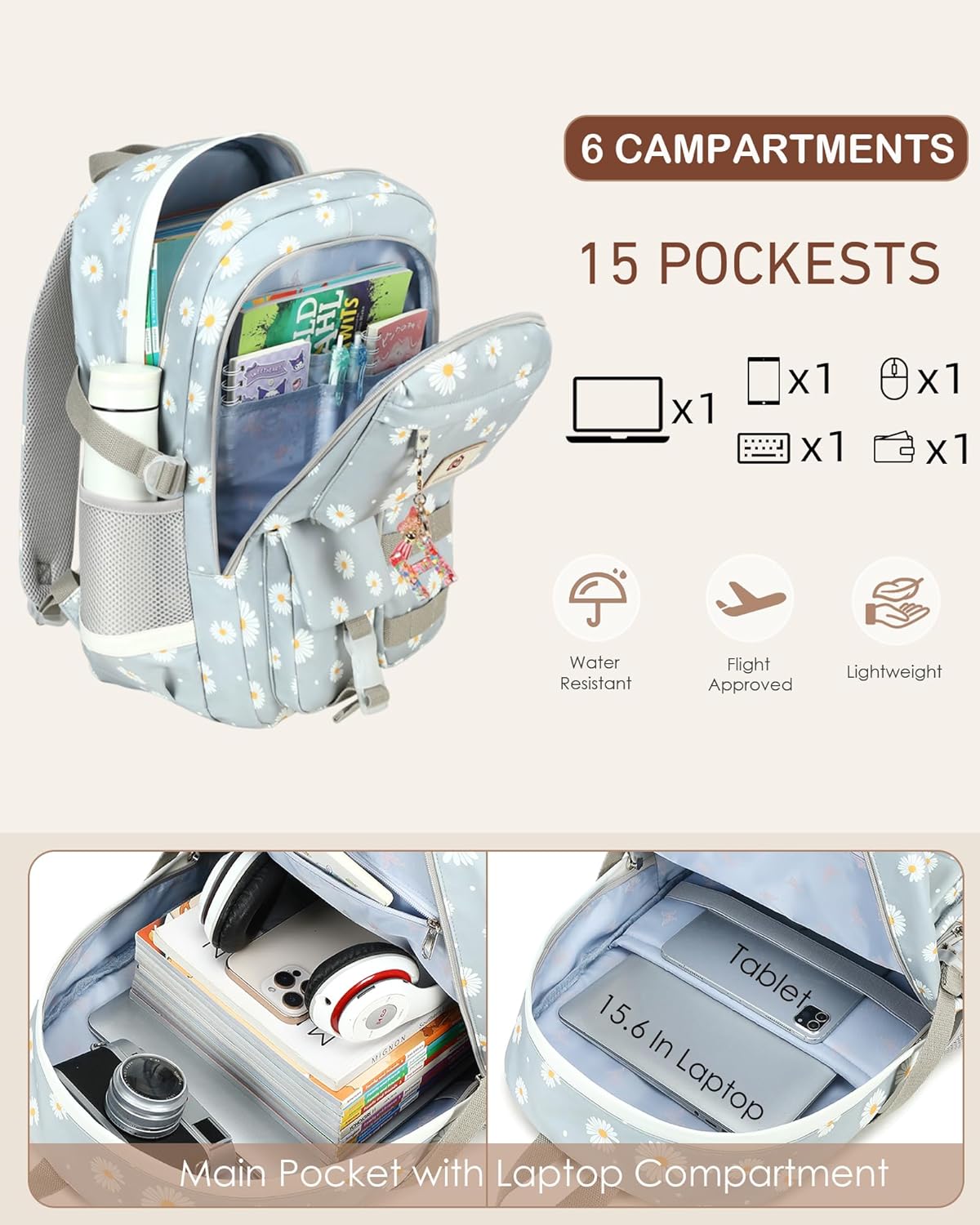 Laptop School Backpack for Teen Girls Women 15.6 Inch Cute College Backpacks Large Elementary Middle High School Bag Kids Student Daisy Bookbag Anti Theft Travel Back Pack Casual Daypack (Grey-Daisy)