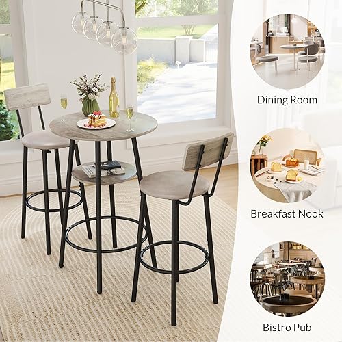 Miniatura 4 de Juego de mesa redonda de bar de 3 piezas, mesa de comedor pequeña para 2, mesa de desayuno con almacenamiento, mesa de bar de cocina moderna, 2