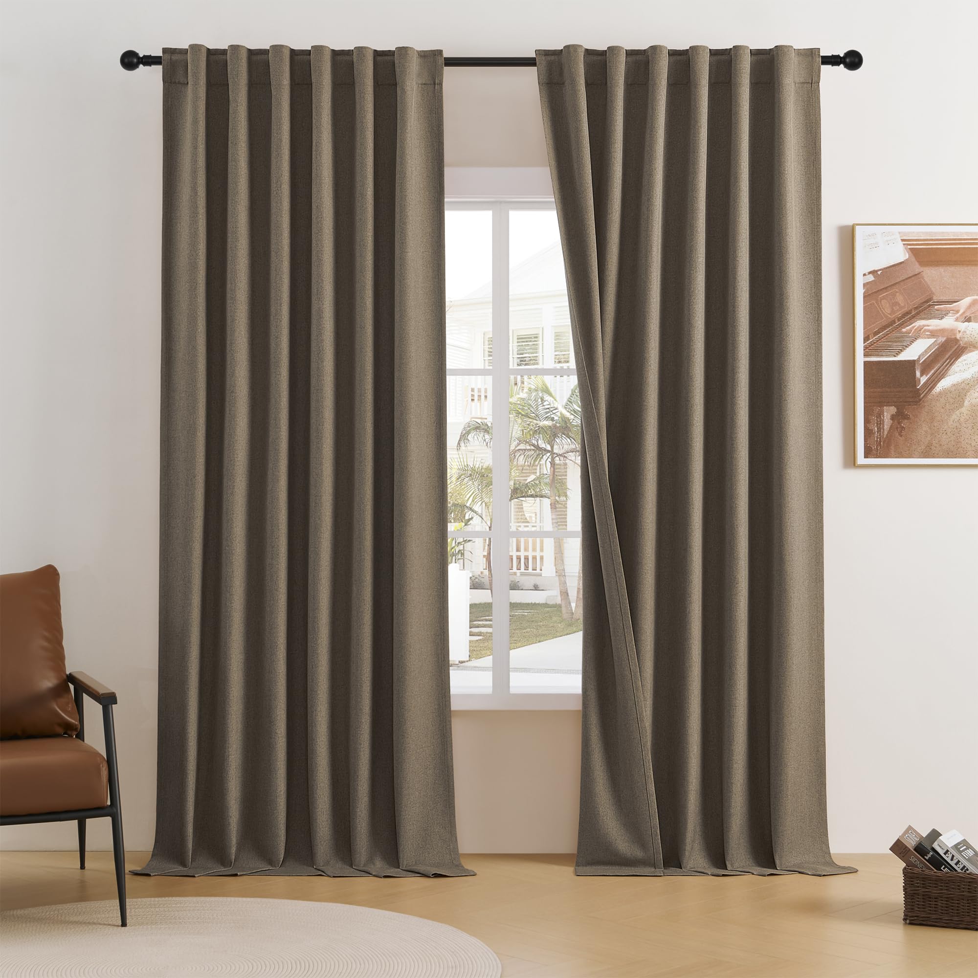 DUALIFE Brown Curtain 96 Inches Long for Bedroom/Living Room Thermal Insulated Black Out Back Tab and Rod Pocket Dining Room Curtains Drapes 2 Panels