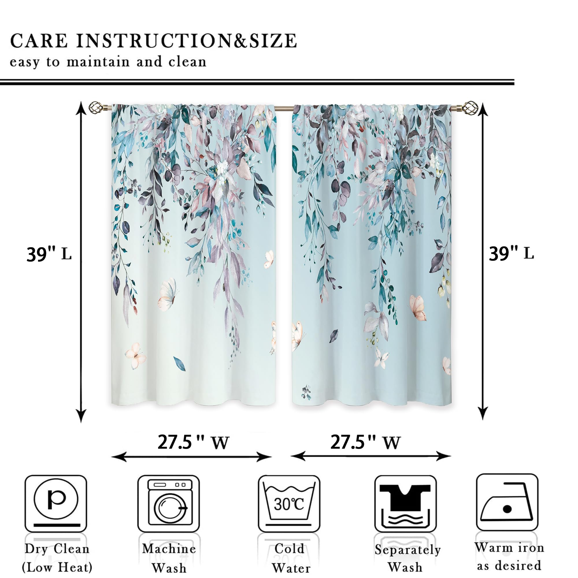 oolygoo Eucalyptus Botanical Leaves Floral Kitchen Window Curtains Butterfly Farmhouse Flower Leaf Small Window Treatment Blue Grey Cafe Short Curtains for Bathroom Treatment Tier Drapes 27.9x39 inch - Image 3