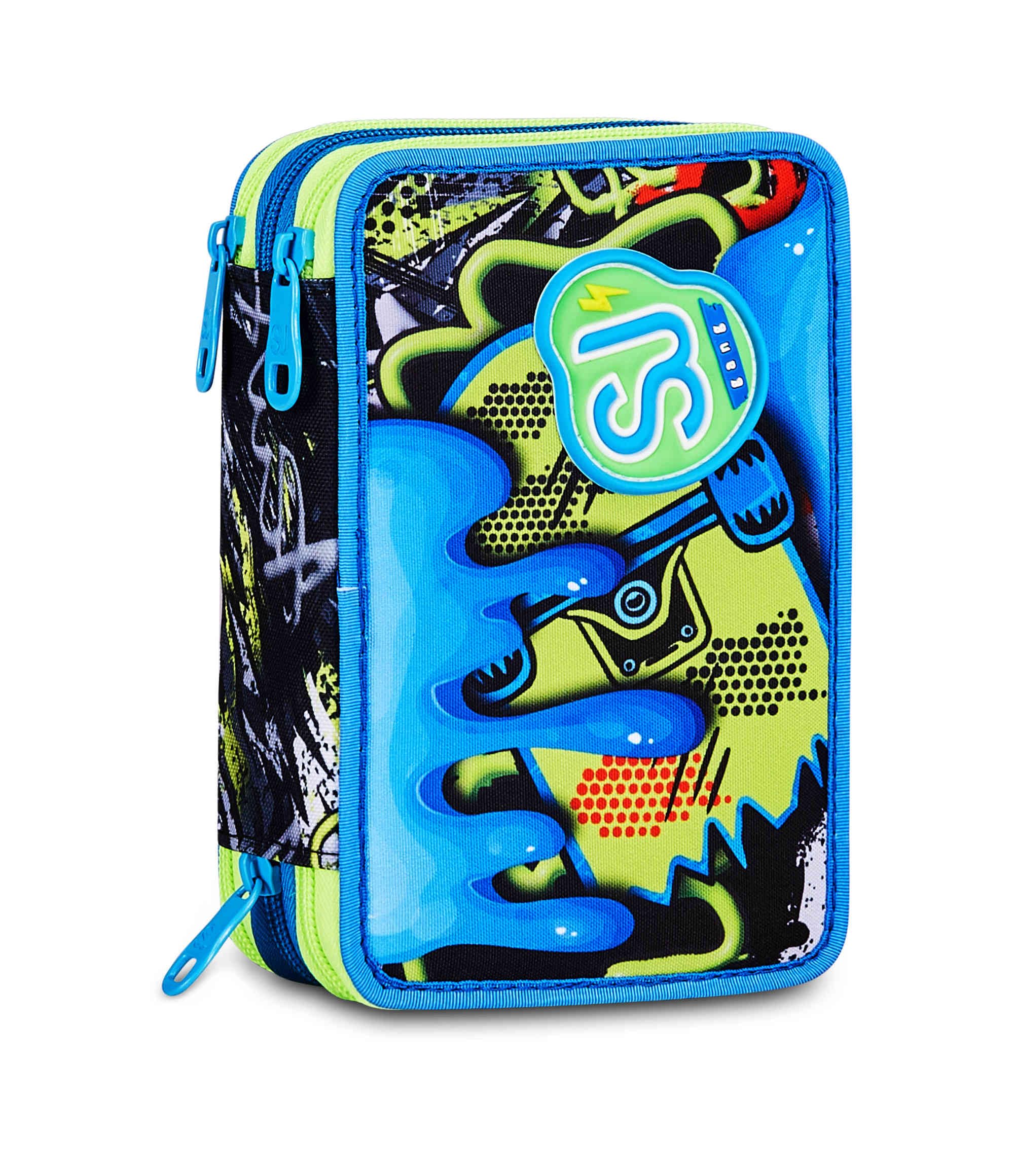 SJ GANG STYLE JAM GANG Astuccio Scuola 3 zip SOFT POUCH BOY, Blu, Triplo Scomparto, 45 pezzi, Portapenne Attrezzato, Completo di matite, penne e colori, Accessori Zaino, Scuola elementare, Bambino
