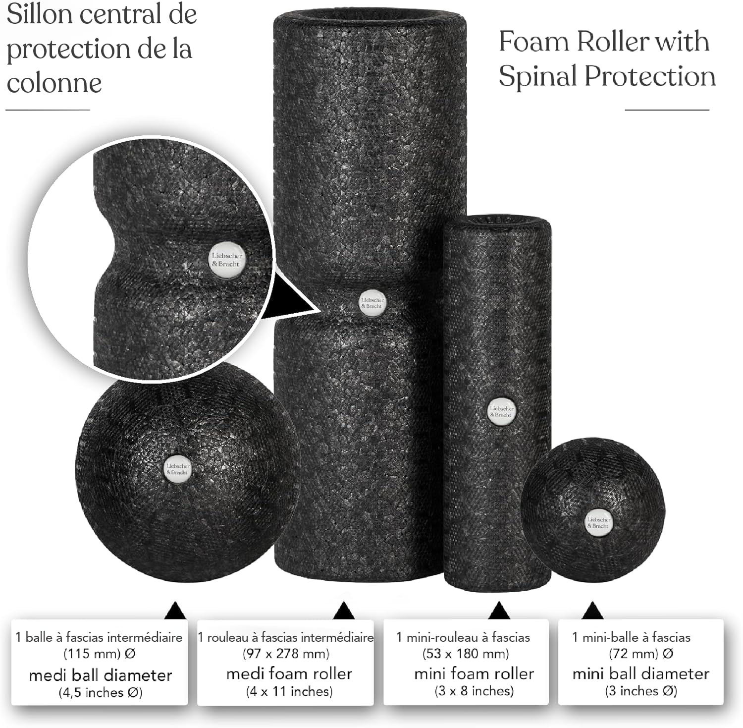 Kit de massage Liebscher & BrachtRouleau et boule fascia (2 pièces chaque) pour le développement des muscles, du tissu conjonctif et du métabolisme avec des exercices détaillés sur DVD.