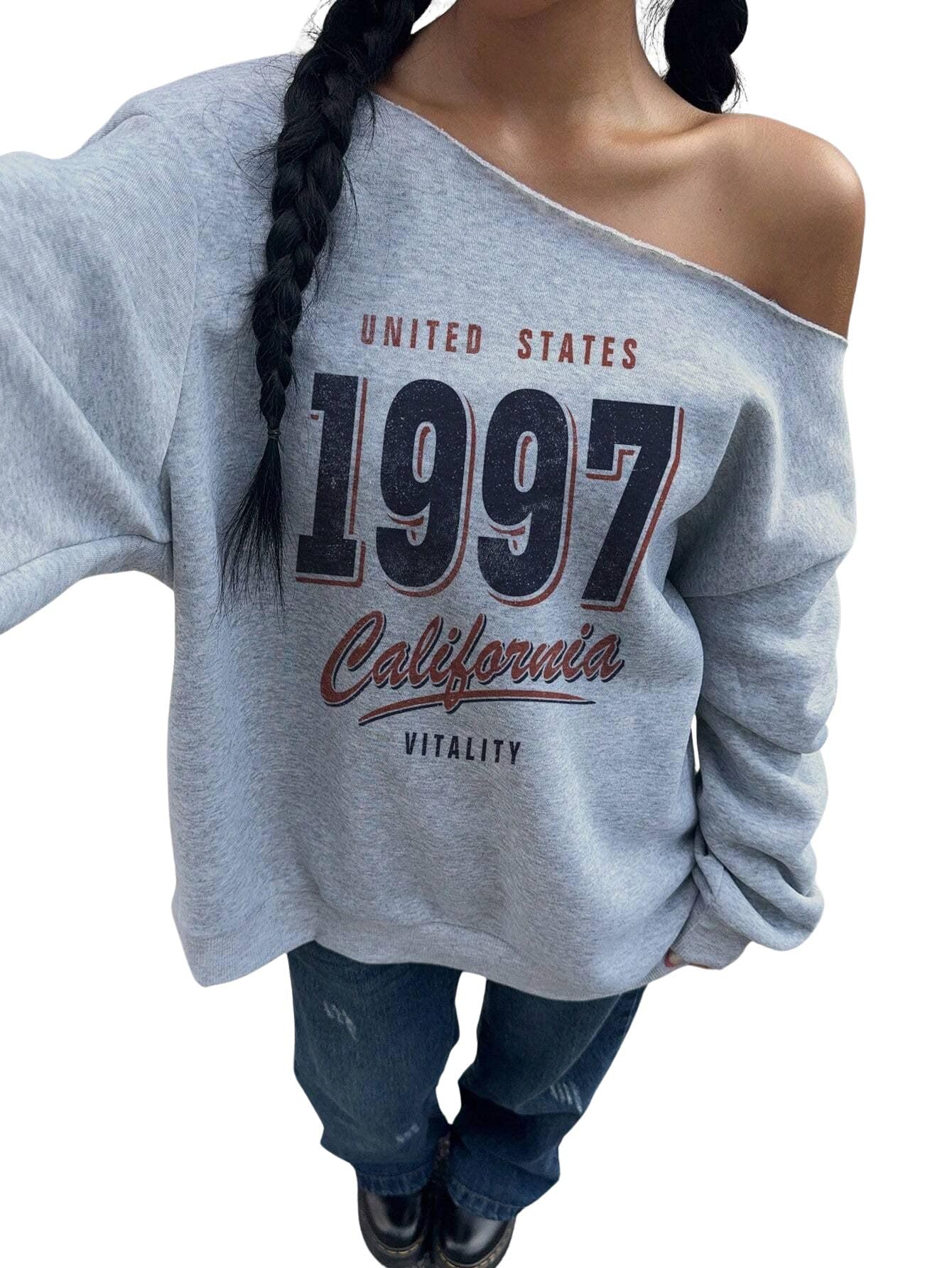 sxv style 1997 Women's Off-Shoulder Loose Casual Minimalist Letter Graphic Print Long Sleeve Sweatshirt Back to School Fall and Winter Clothing-picture-44