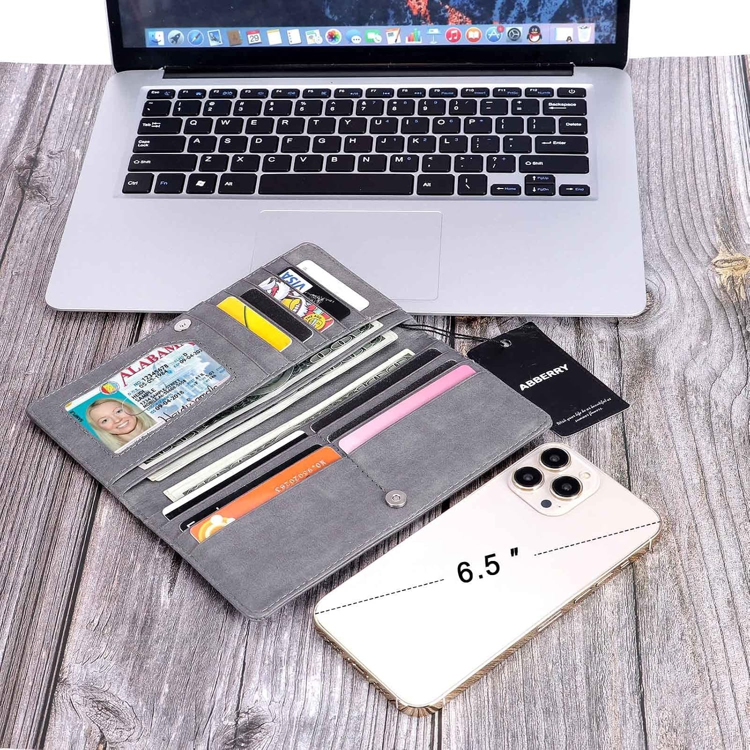 Abberry Womens RFID Blocking Bifold Long Wallets Slim Snap Wallet Card Holder Organizer with Snap Fastener and ID Window for Ladies and Girls（Grey