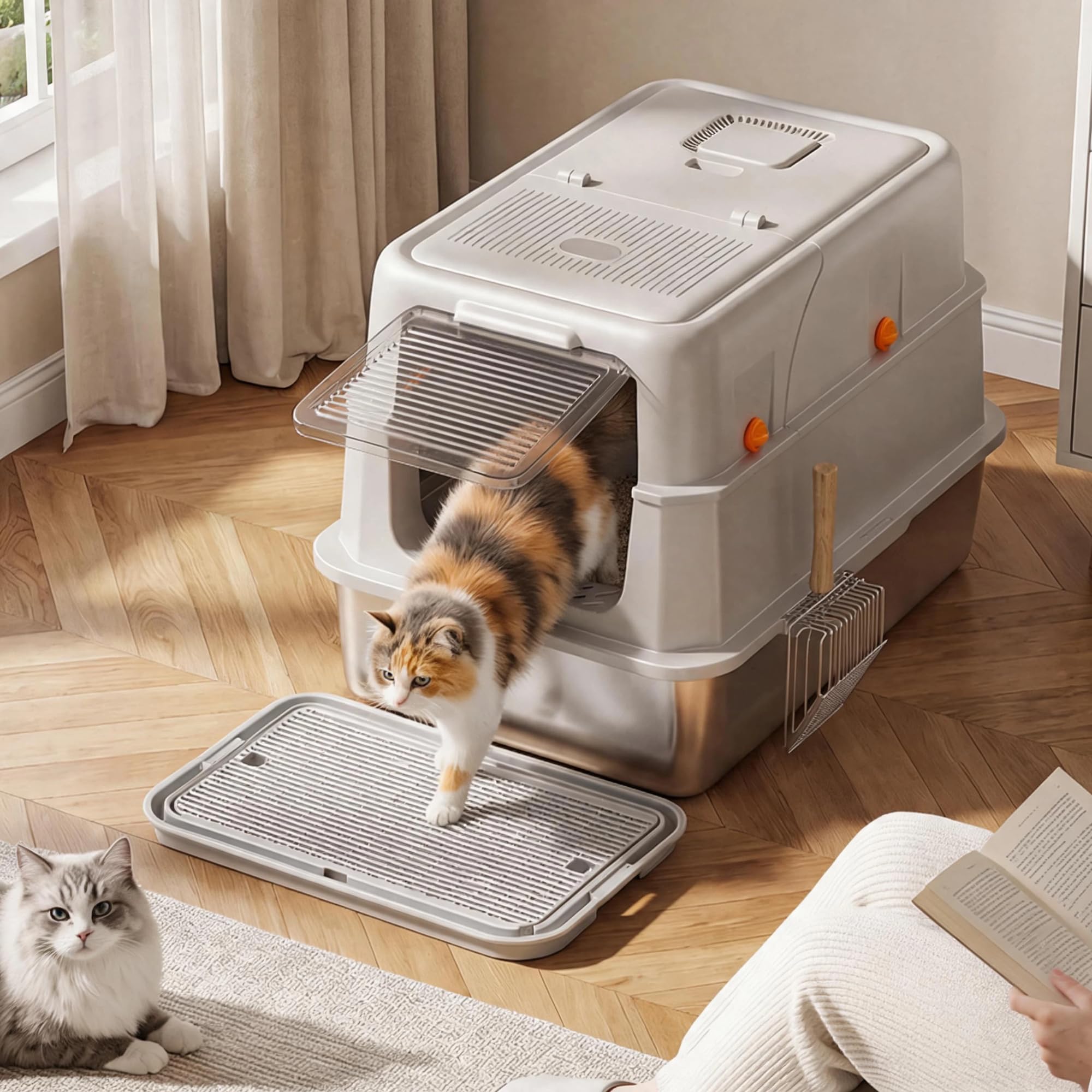 XXL Lettiera Gatto Chiusa in Acciaio Inox – 3-in-1 Lettiera Gatto Chiusa Grande con Coperchio, Modulare, con Filtro a Carbone Attivo, Coperchio Ribaltabile 180°, Pala Metallica & Tappetino