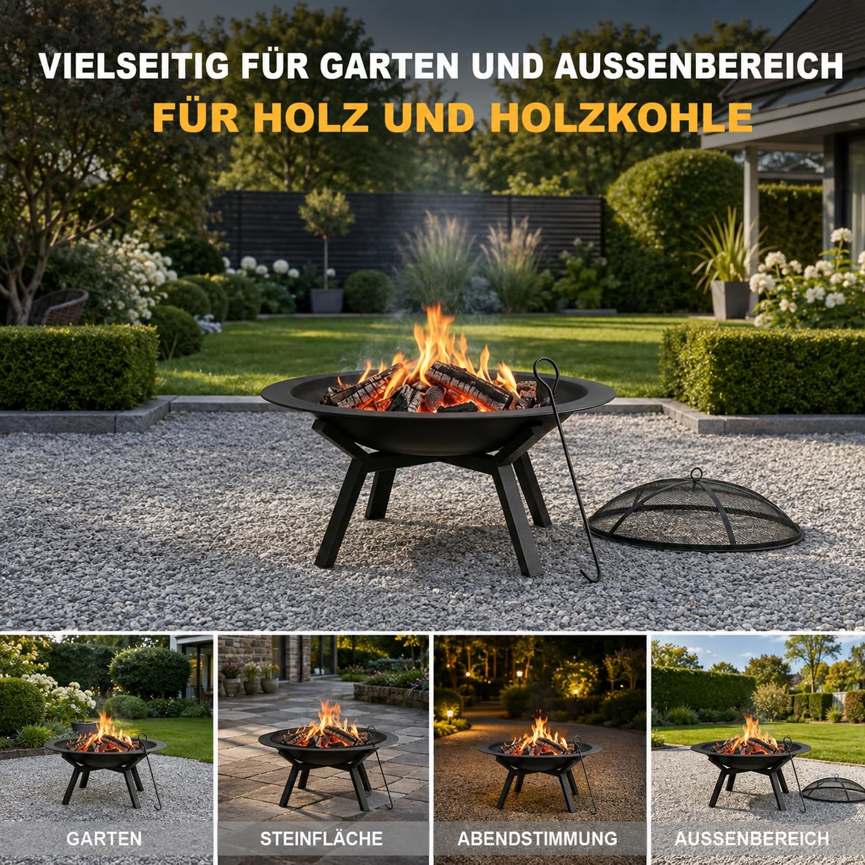 Feuerschale mit Funkenschutz Ø 71 cm für Garten und Außenbereich