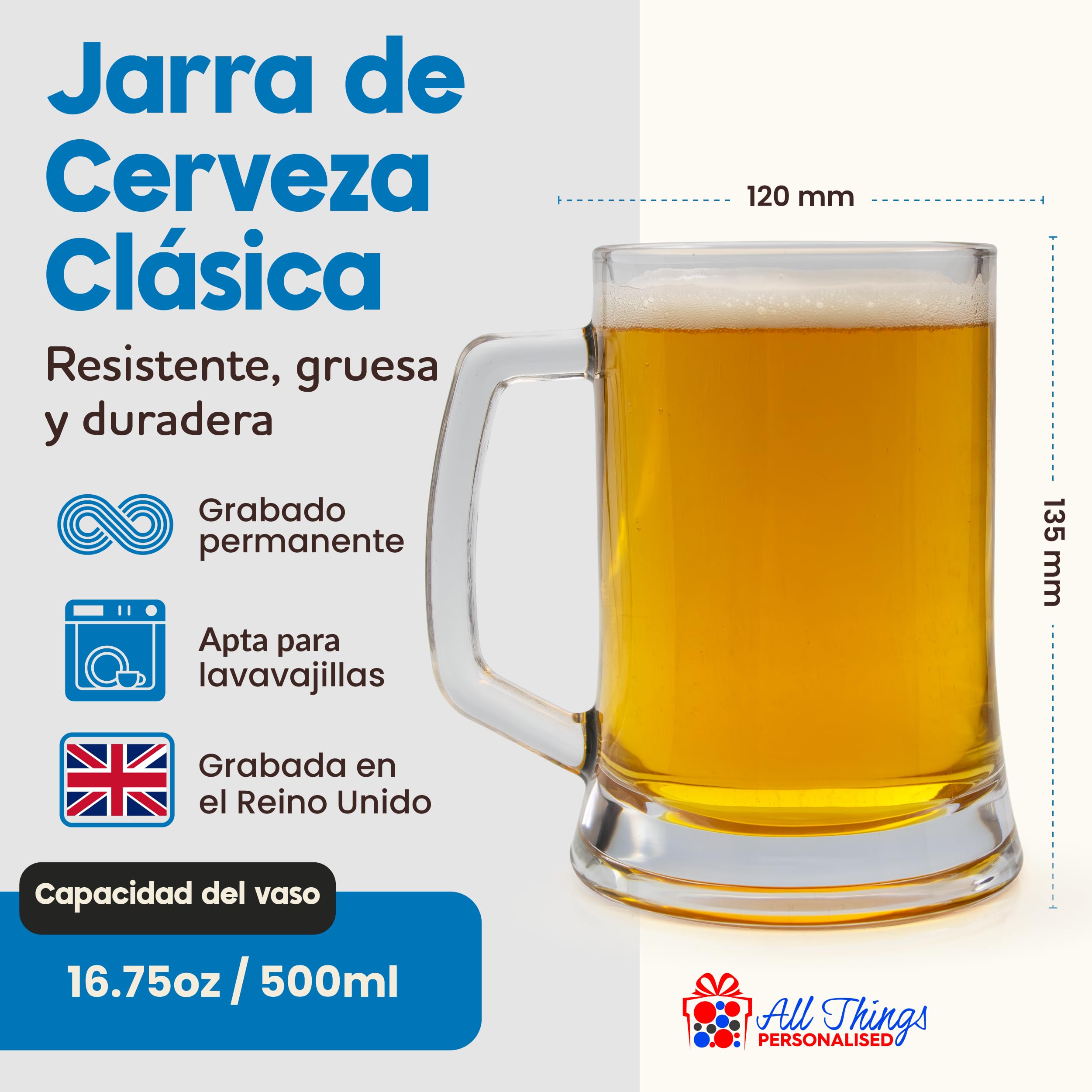 All Things Personalised Jarra de Cerveza Personalizada con Grabado, 500 ml - Regalo Original para Hombre, Padre o Abuelo - Mensaje o Nombre Personalizado - Grabado con Láser, con Caja de Regalo