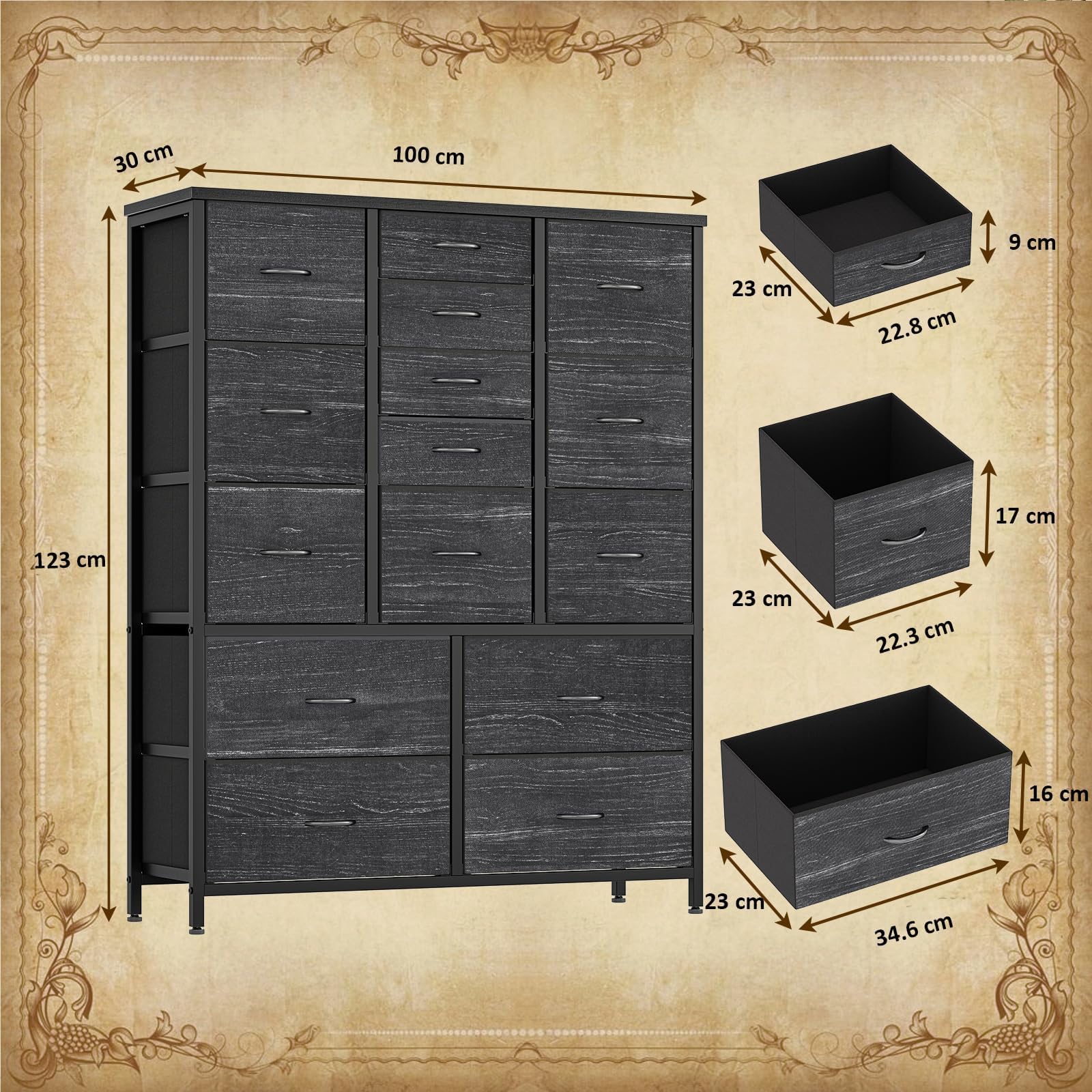 Garvee 15 Schubladen Kommode, Großer Stoffschrank mit Metallrahmen & Holzplatte, Schubladenschrank Organizer für Schlafzimmer, Wohnzimmer, Kinderzimmer & Flur, 100 x 30 x 123 cm, Deco Grau