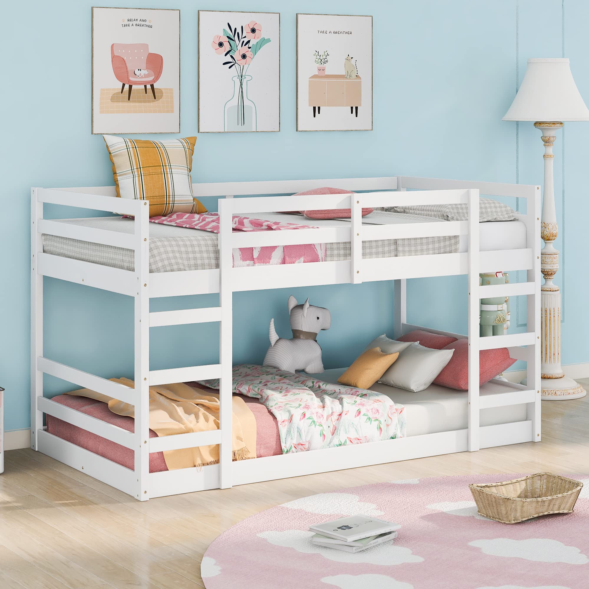 FANYHOME Twin Over Twin Low Bunk Bed with Two Ladder,Solid Pinewood Bunkbeds w/Safety Guardrails & Strong Slat Support,Perfect for Kids Bedroom,No Box Spring Needed & Space Saving Design, White