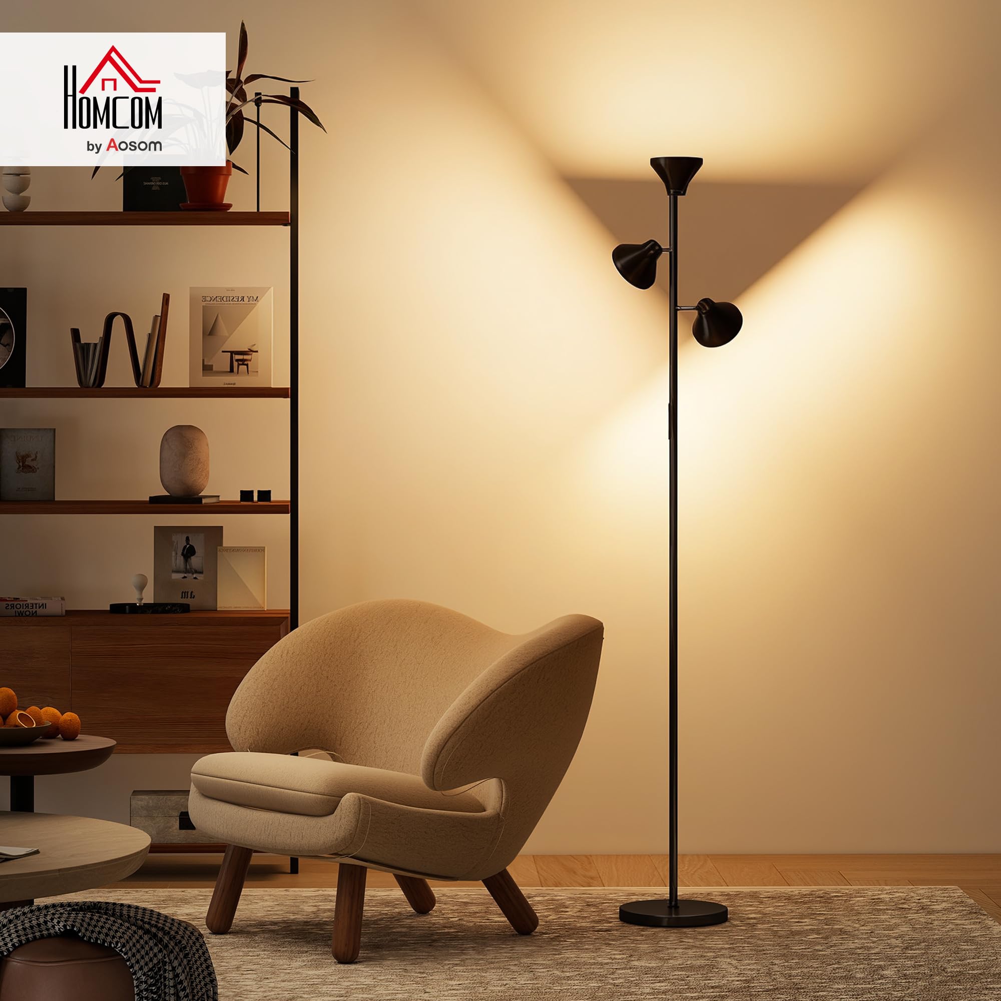 HOMCOM Stehlampe Wohnzimmer Dimmbar mit Leselampe 4150lm 2700K–6000K | Stehleuchte RGB Farbwechsel, mit Fernbedienung, Touch-Steuerung, 3 Drehbare Köpfe, Standleuchte für Schlafzimmer