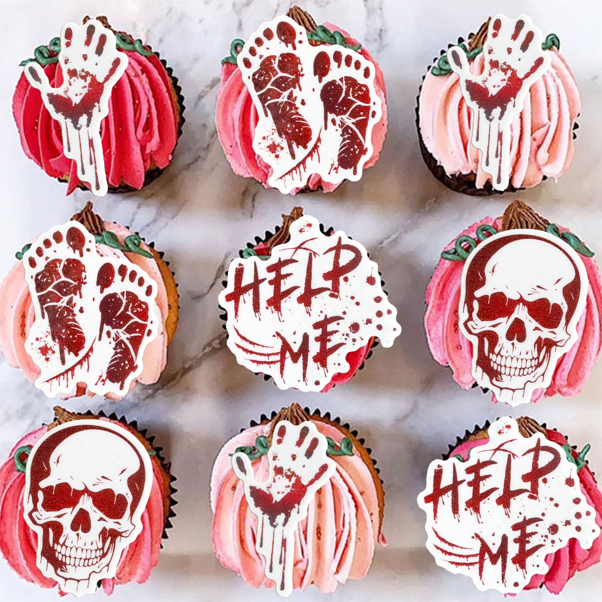 Gyufise 56Pcs Halloween Cupcake Toppers Wafer Paper Horror Blood Skull Cupcake Picks Edible Have a Killer Birthday Cake Decorations for Halloween Theme Birthday Party Supplies Red