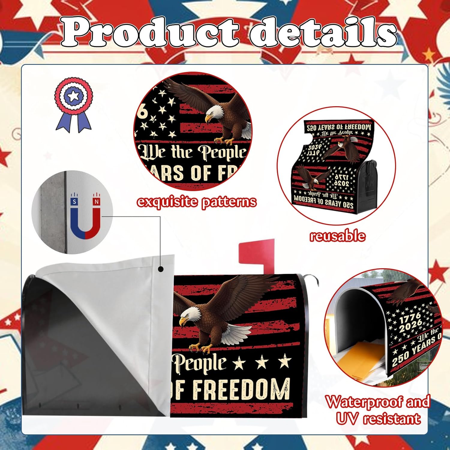 250 Anniversary USA Mailbox Covers Magnetic, 250 Years America 1776-2026 Magnetic Mailbox Cover Standard Size, 4th of July Patriotic Mail Post Box Covers for Outdoor Yard Garden Decor 21" X 18"