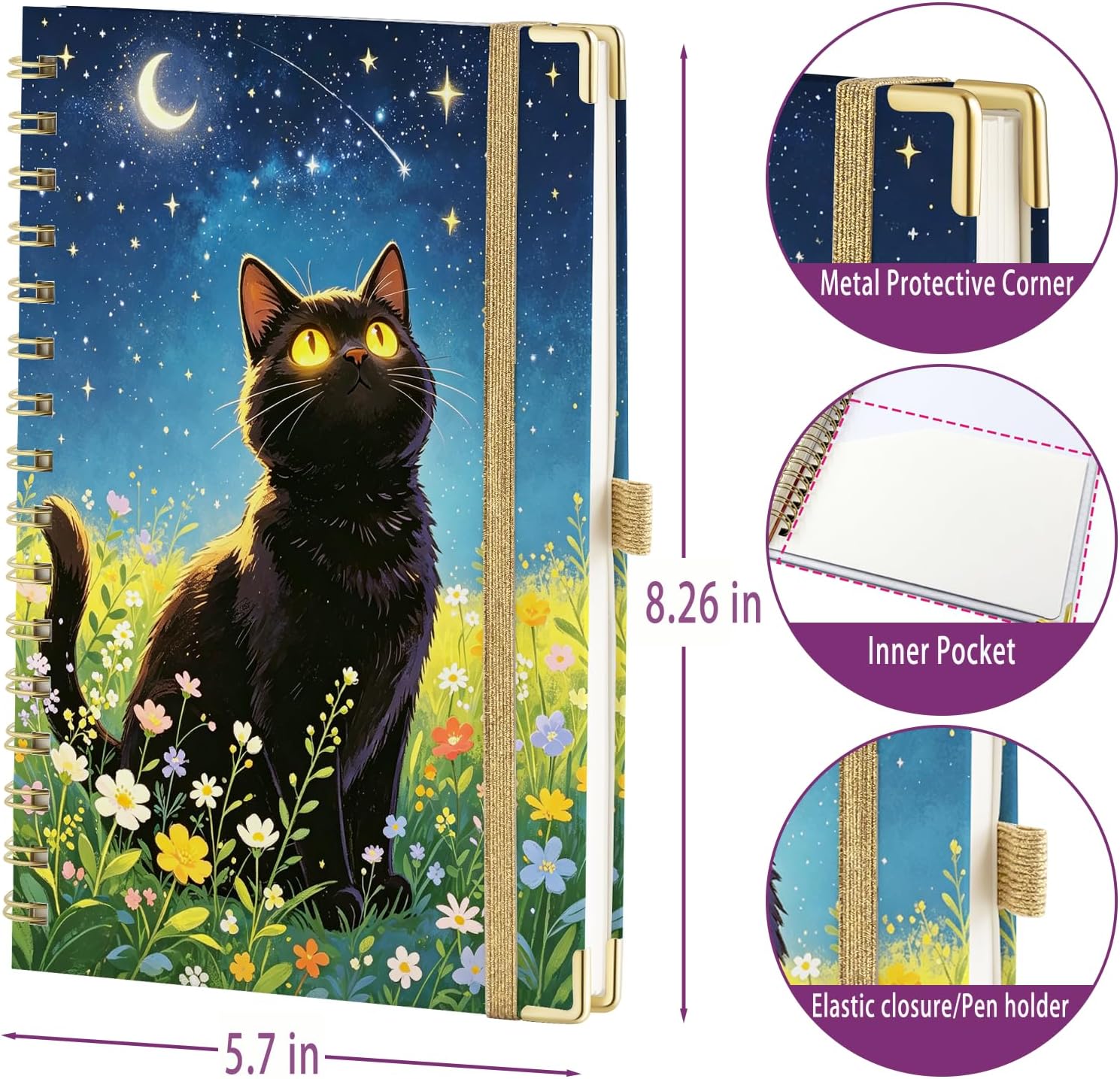 Black Cat Spiral Notebook Black Cat Gifts for Women Journal 200 Pages A5 Lined with Inner Pocket and Pen Cats Lovers Mom Lady Gifts Journal Notebook image 2