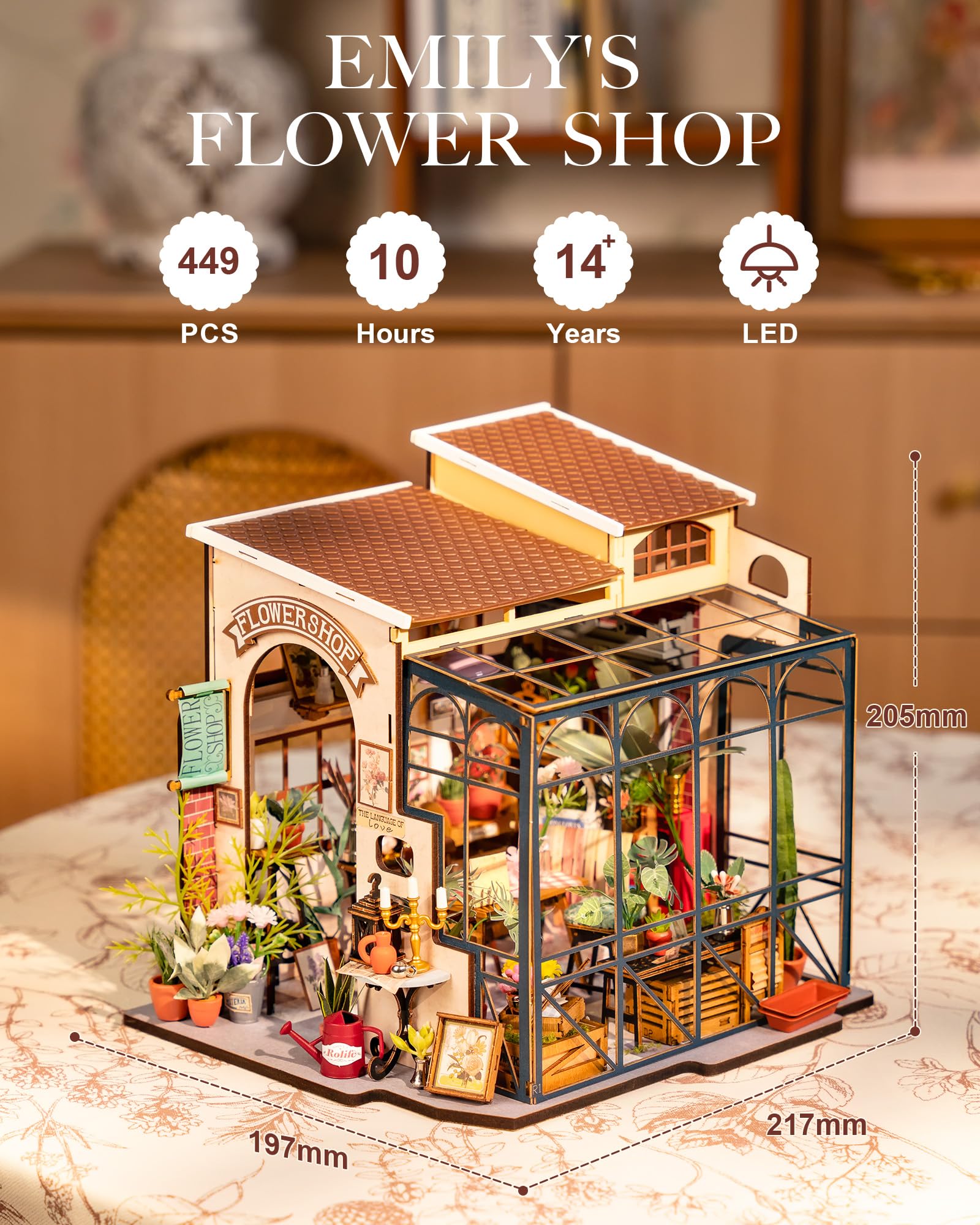 Rolife Casa de Muñecas en Miniatura La Floristería de Emily Casa de Muñecas de Madera para Adultos Book Nook Librería Decoración del Hogar Regalo Cumpleaños