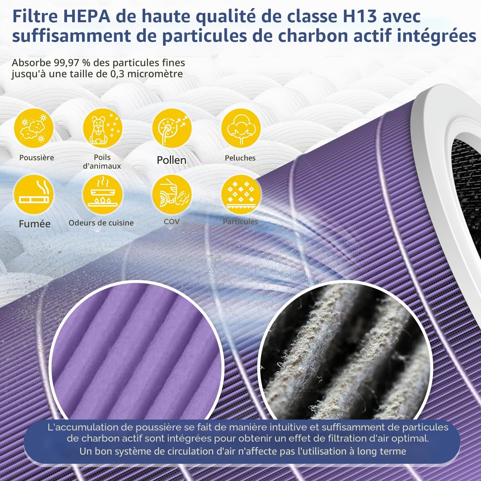 Filtre de rechange compatible avec purificateur d'air Xiaomi Mi 2, 2H, 2S, 3, 3H, 3C, Pro (H13 Grade HEPA et filtre à charbon actif)