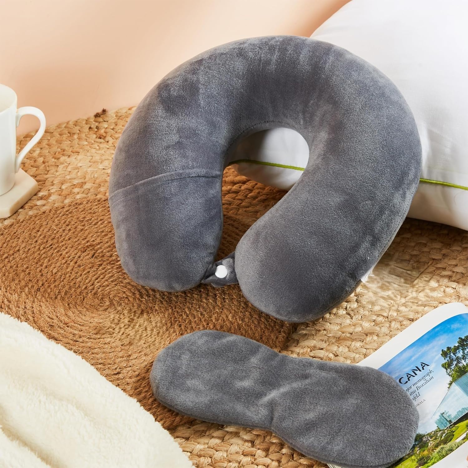 TROVAZO Travel Neck Pillow + Sleeping Eye MASK Combo| HEADREST Travel Pillow with Comfortable Sleeping Eye MASK| Soft Velvet| Grey-picture-23
