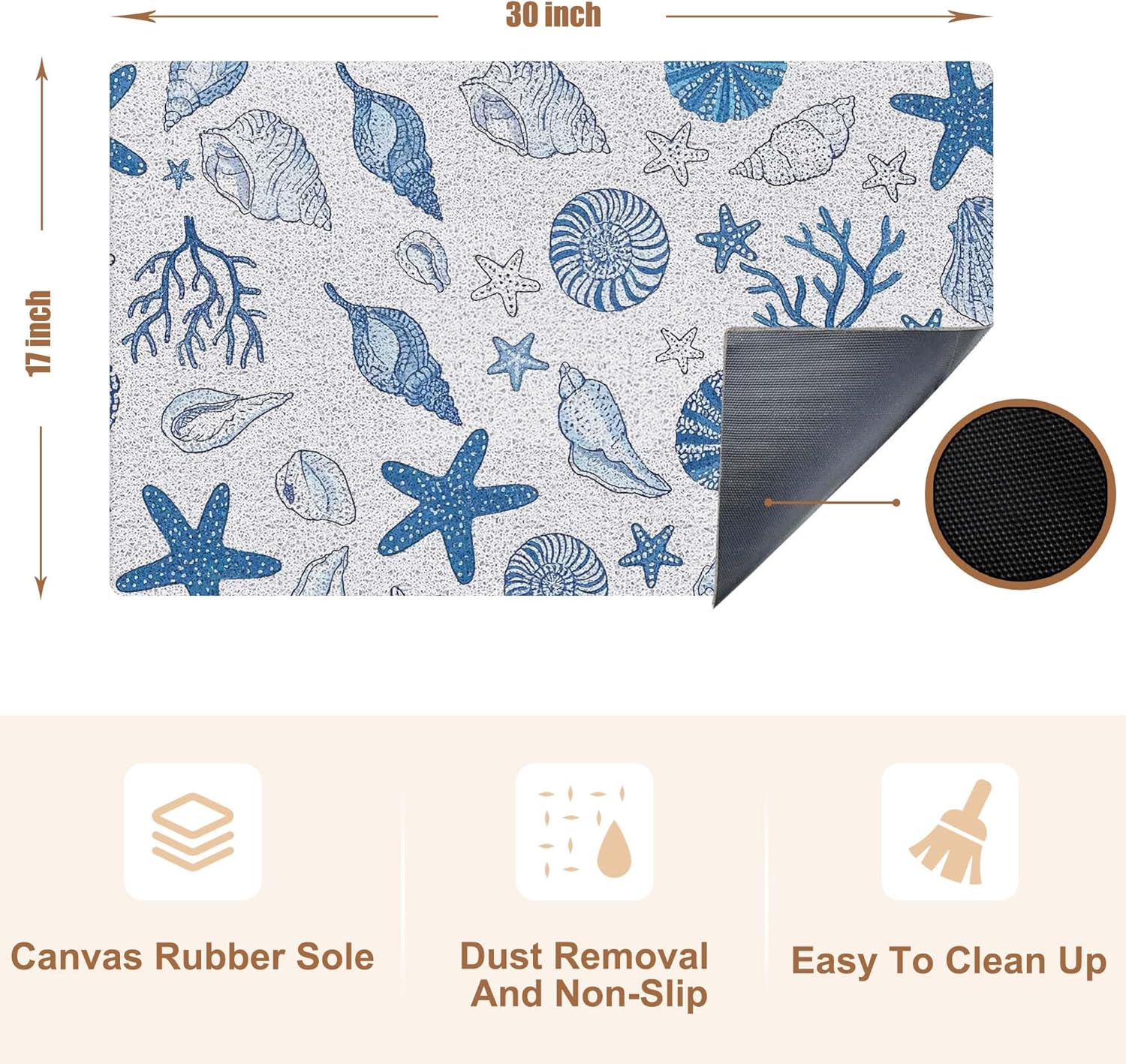 Beach Coastal Door Mat, Seashell Starfish Conch Coral Nautical Doormat Outdoor Indoor Entrance Porch, Blue Ocean Outdoor Mat, Beach Welcome Mats for Front Door, 17x30 Inch