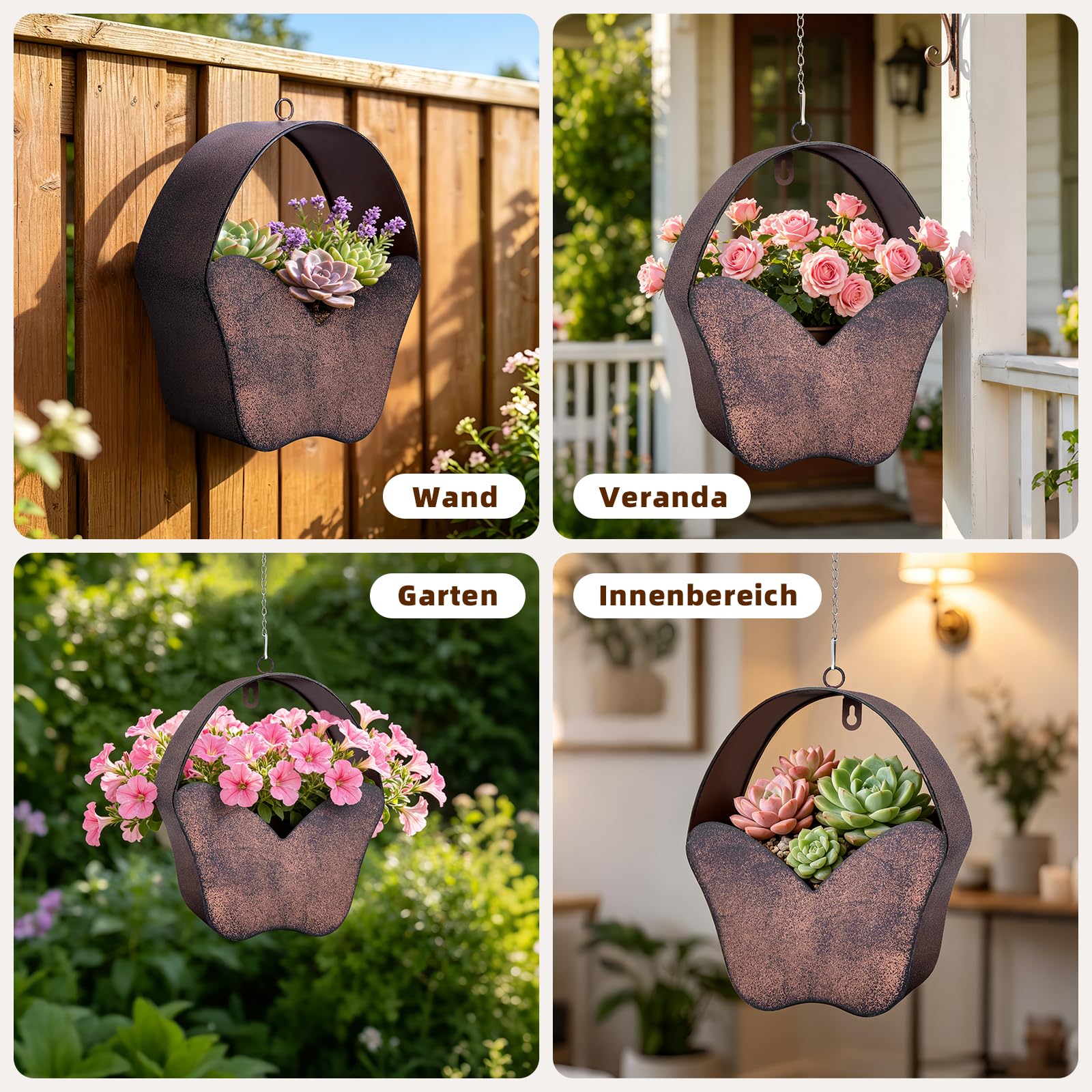 Mittimiya Vaso da fiori in metallo arrugginito da appendere, decorazione per esterni, a forma di farfalla, per parete, finestra, giardino, terrazza, regalo per gli amanti del giardino e regalo di