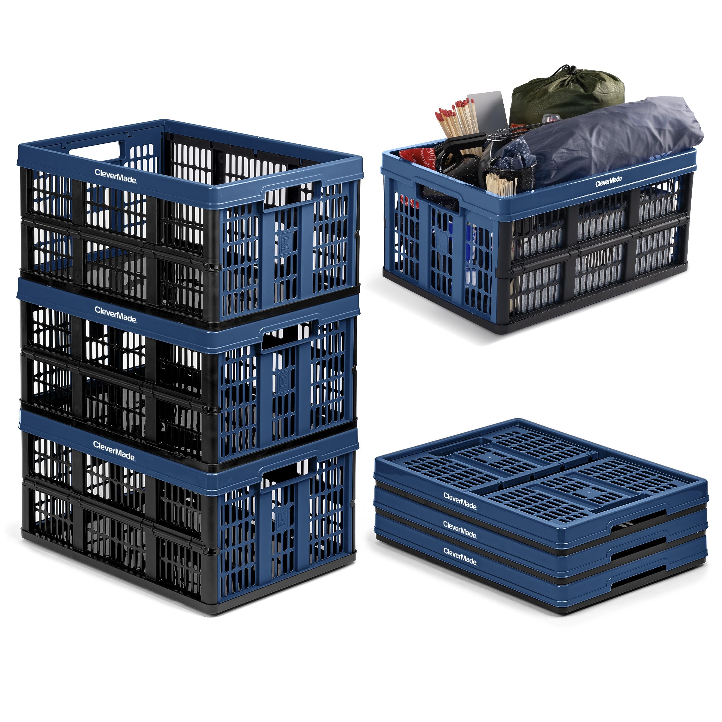 CleverMade Collapsible Utility Crates - Ocean 3 Pack 45L / 11 Gal holds 66 lbs - Stackable Containers Heavy Duty Capacity Crates Space-Saving Baskets