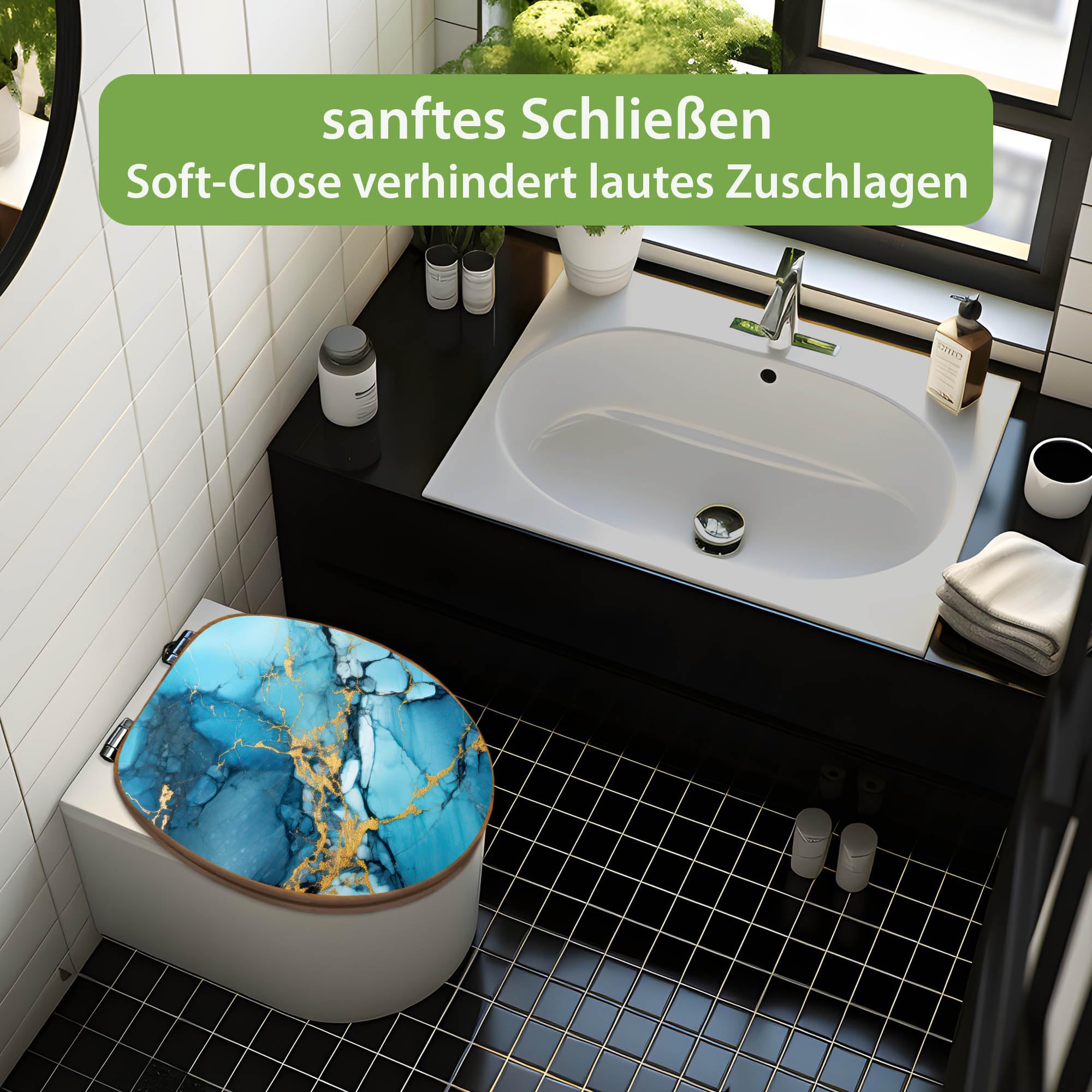 banjado Design WC Sitz Bambus Absenkautomatik 45,8x37,5cm - Toilettendeckel mit Absenkautomatik Holz - hochwertiger Bambus Klodeckel - WC-Sitz für gängigen Toiletten - Motiv Blauer Marmor mit Gold 2