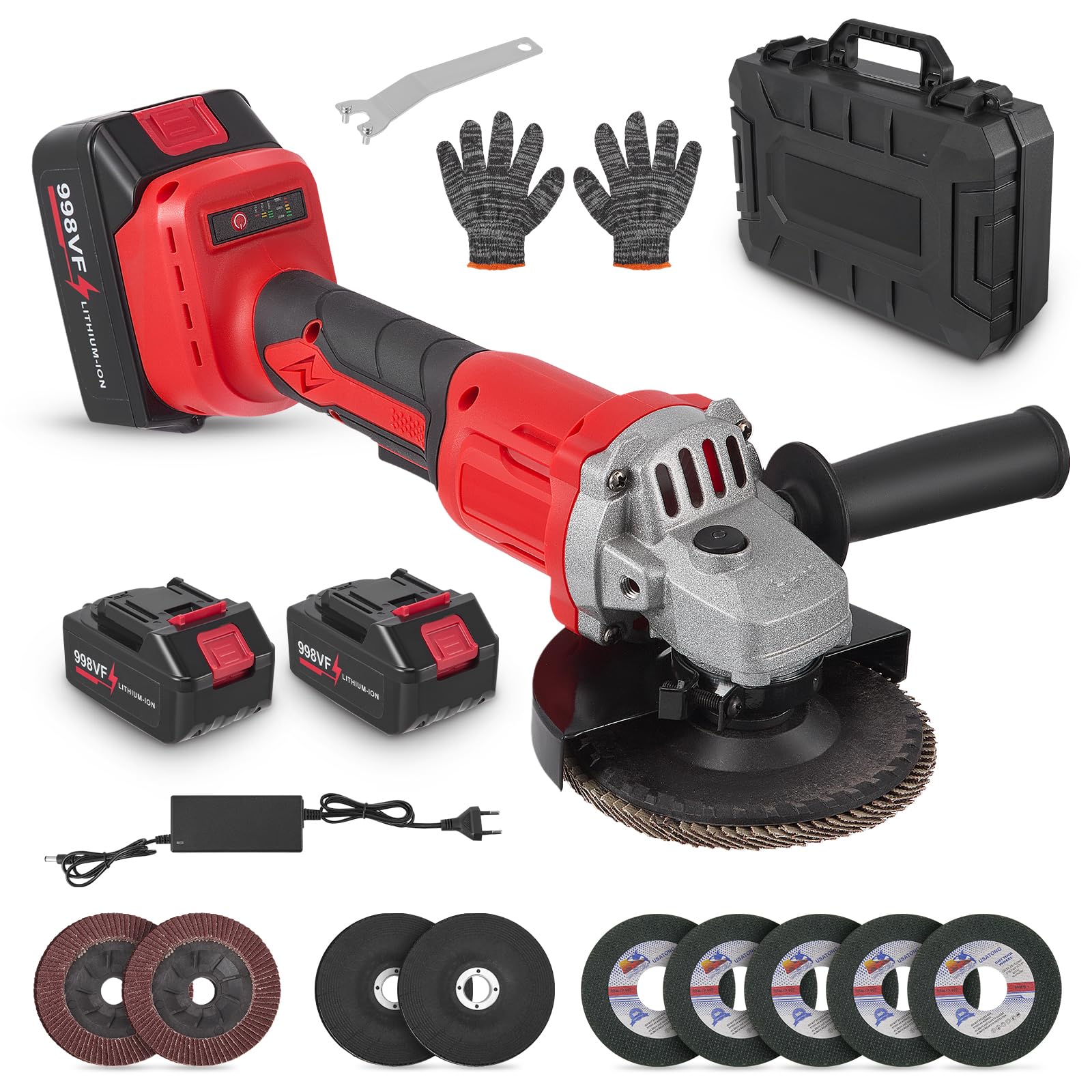 Smerigliatrice Angolare a Batteria 21V, 125mm Smerigliatrice angolare senza fil con 2 batterie 3.0Ah, 13500 RPM, 3 Velocità con ruote da taglio, levigatrice lamellare per taglio e macinazione