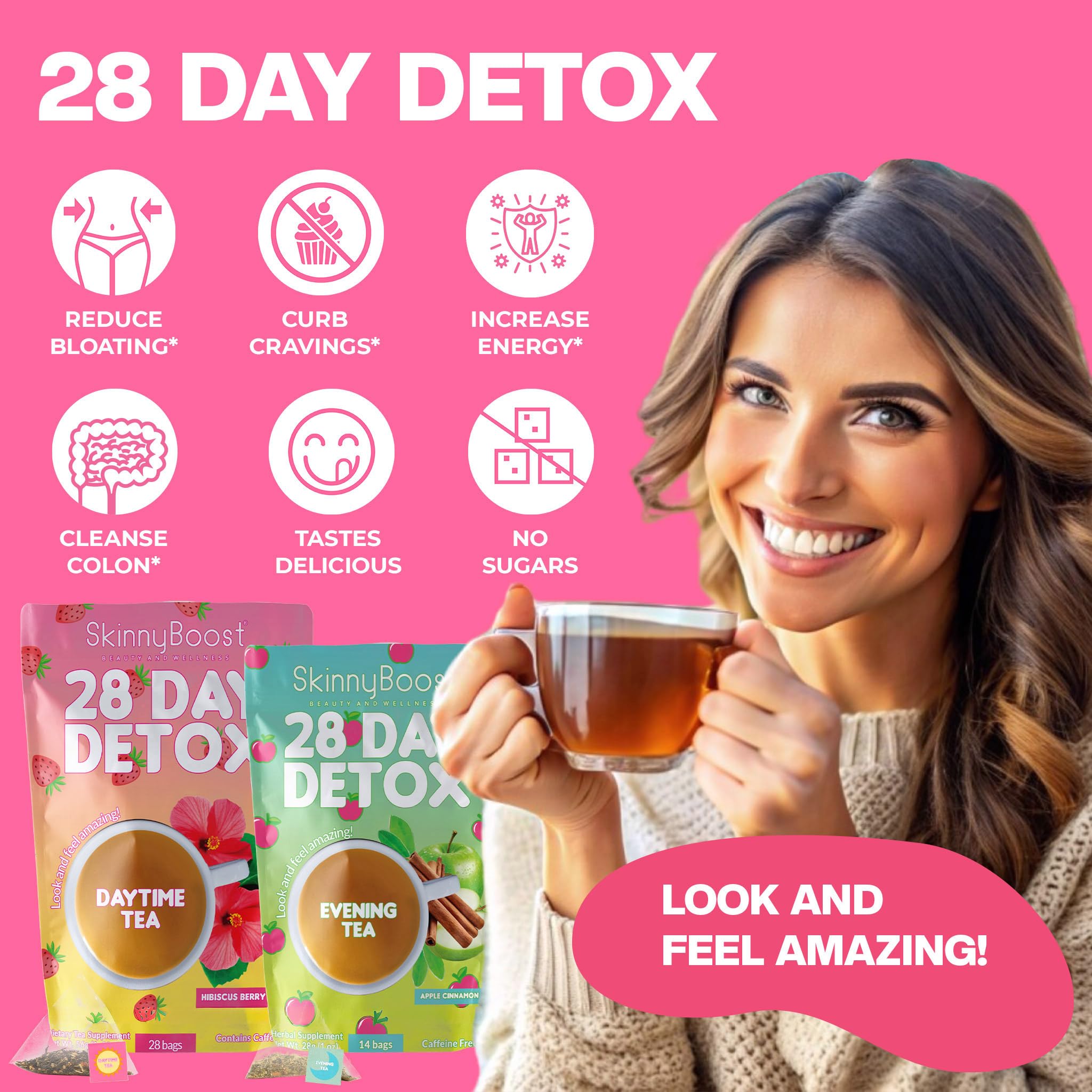 Skinny Boost Detox Tea Kit Slimming Tea for Weight, Metabolism, Energy, Bloating & Colon Cleanse – Green Tea, Herbal, Vegan, Keto, Non-GMO, Sugar-Free-2 PACK –1 Daytime Hibiscus (28 Bags) + 1 Evening Apple -(14 Bags) — Amazon image 6