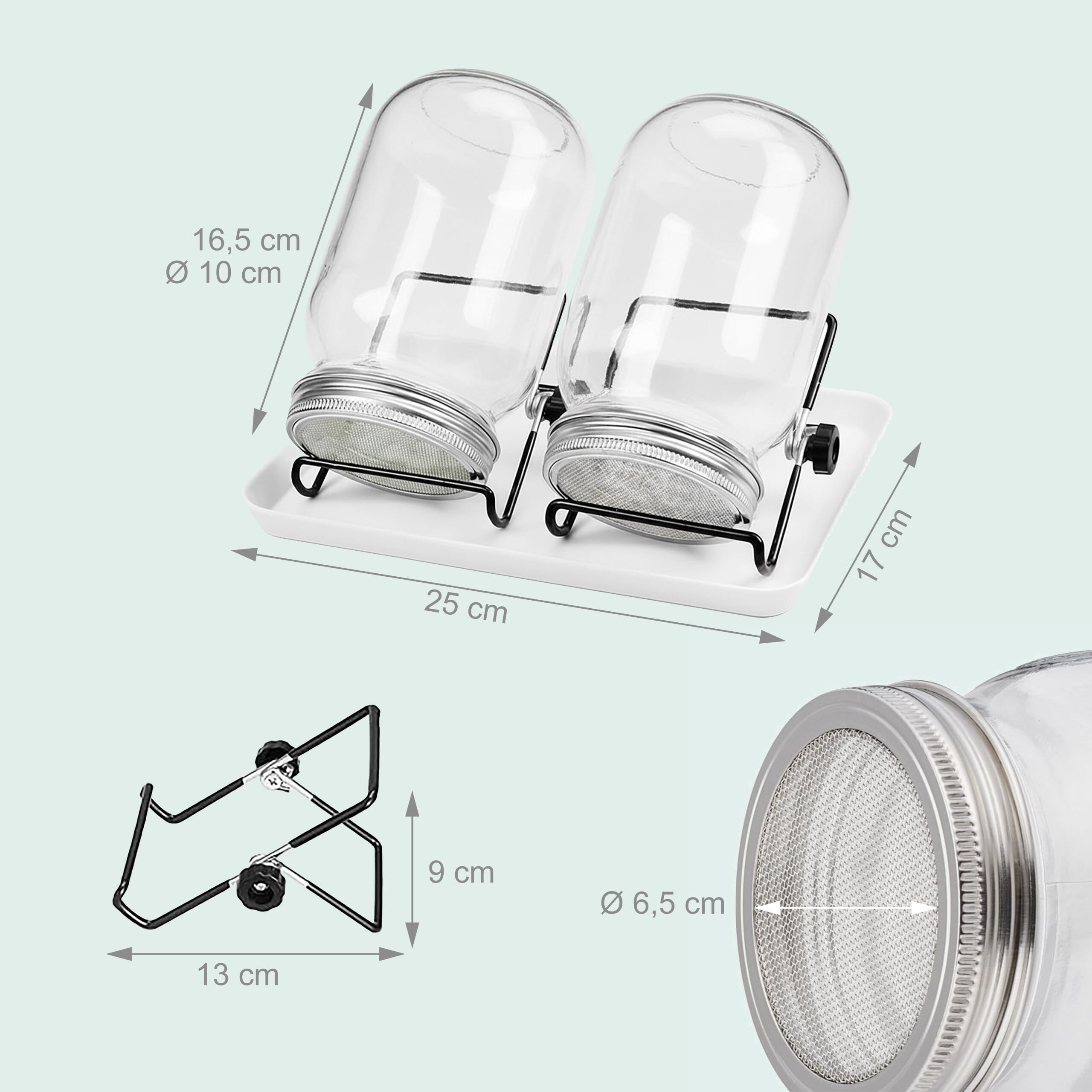 Relaxdays, Lot de 2 bocaux à germes, avec Support et égouttoir, 850 ML, pour Faire germer des graines, Transparent/Blanc
