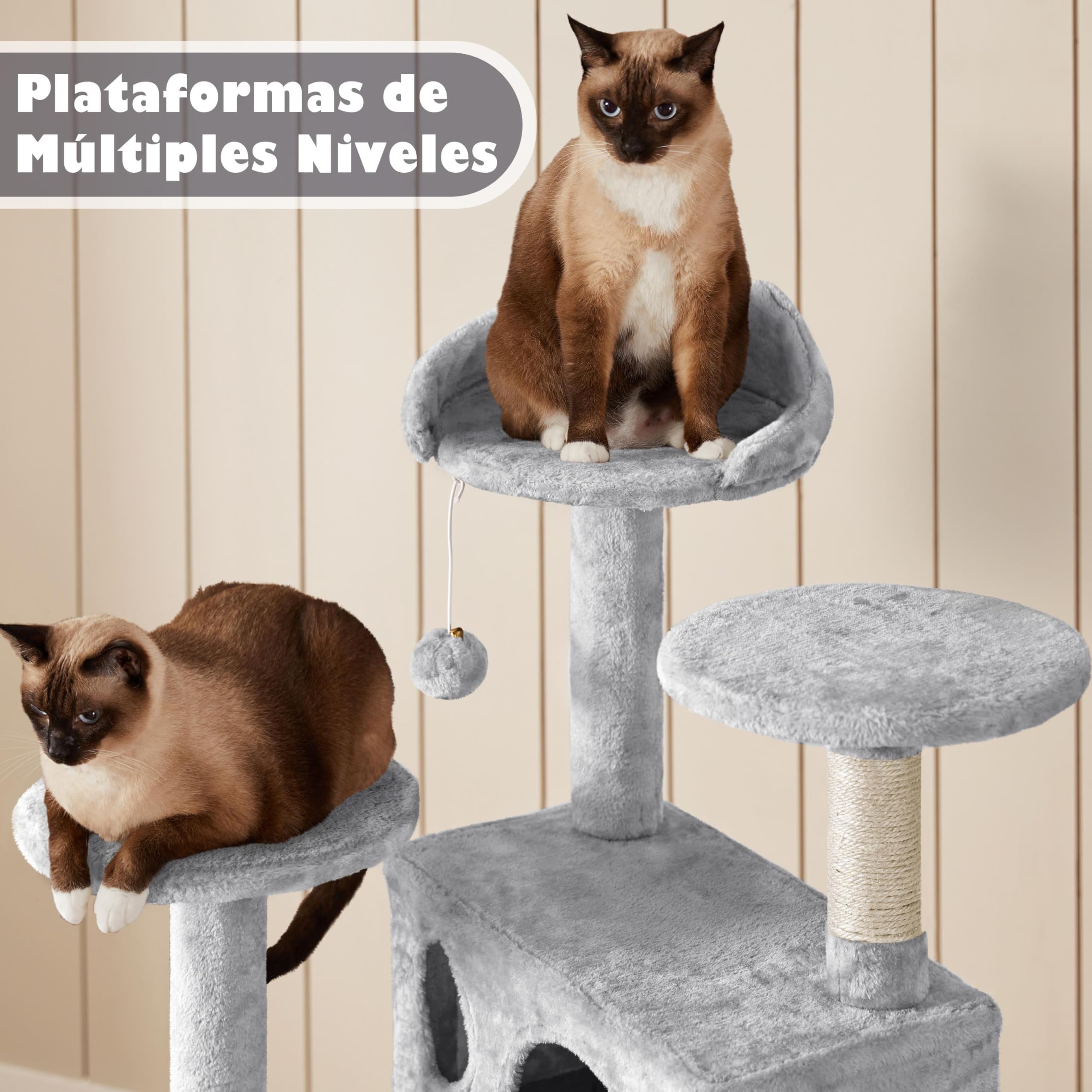 Yaheetech Árbol Rascador para Gatos 139cm con 3 Plataformas 2 Nidos 2 Pompones Torre de Escalador con Postes en Sisal Ideal para 3-4 Gatos Gris Claro