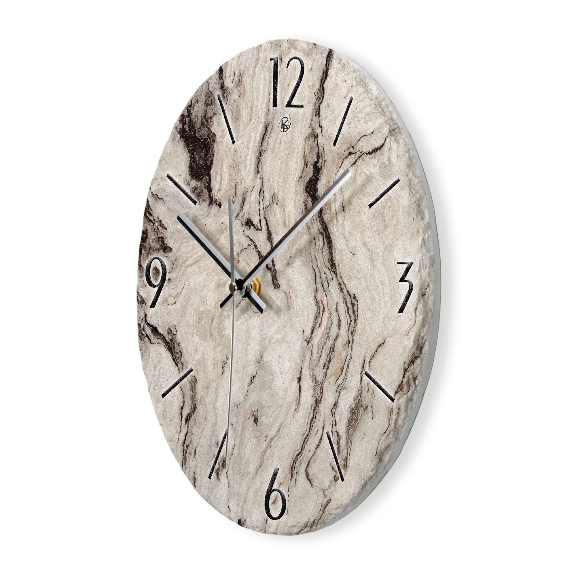 Kreative Feder Wanduhr „Marmor-Optik“ aus Stein (Keramik) in Schiefer-Optik; Durchmesser 30cm; mit leisem Uhrwerk (Marmor-Optik, leises Quarzuhrwerk)