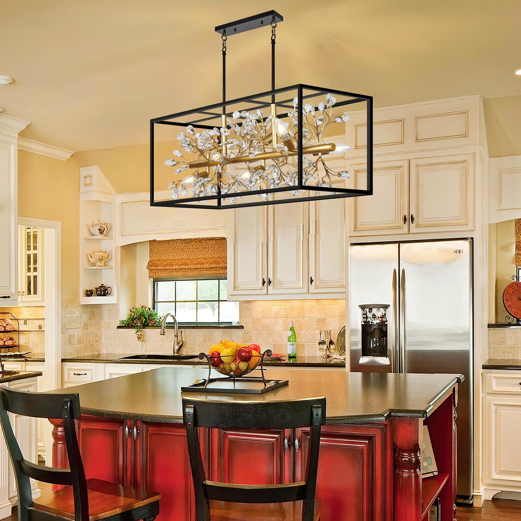 Klgxnrd Large Black and Gold Rectangle Chandeliers for Dining Room, 8-Light Modern Farmhouse Crystal Chandelier Light Fixture for Kitchen Island Pool Table Living Room