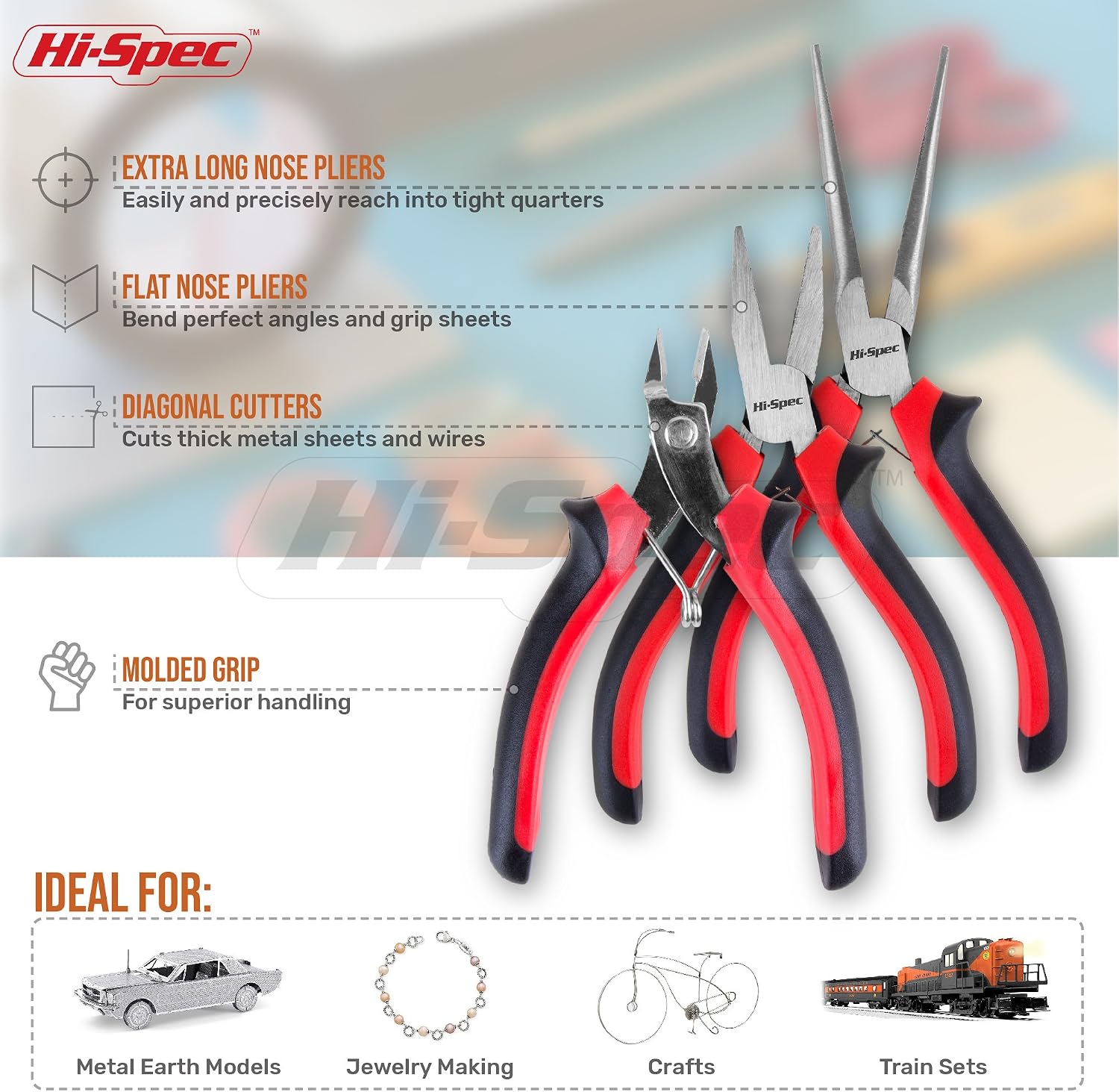 Hi-Spec 3pc Hobby & Craft Work Mini Pliers Tool Set. Precision Sprue Cutters, Long Needle and Flat Nose Pliers for Modelling, Metal Earth Kits, Jewellery & Model Making