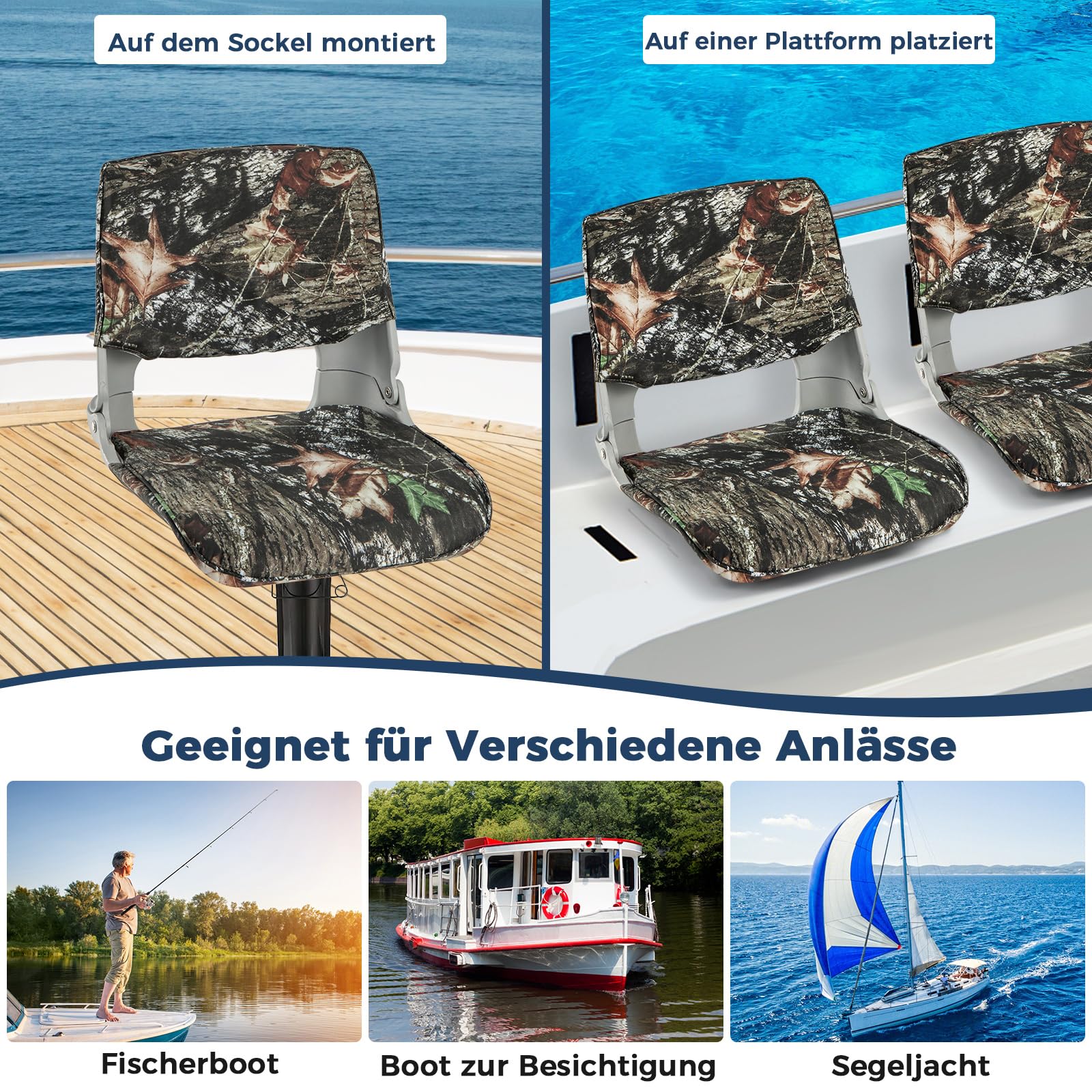 COSTWAY Bootssitz klappbar, Bootsstuhl mit niedriger Rückenlehne, gepolsterter Steuerstuhl für Angelboot, Ausflugsboot, Motorboot, Kanu, 50 x 50 x 47 cm