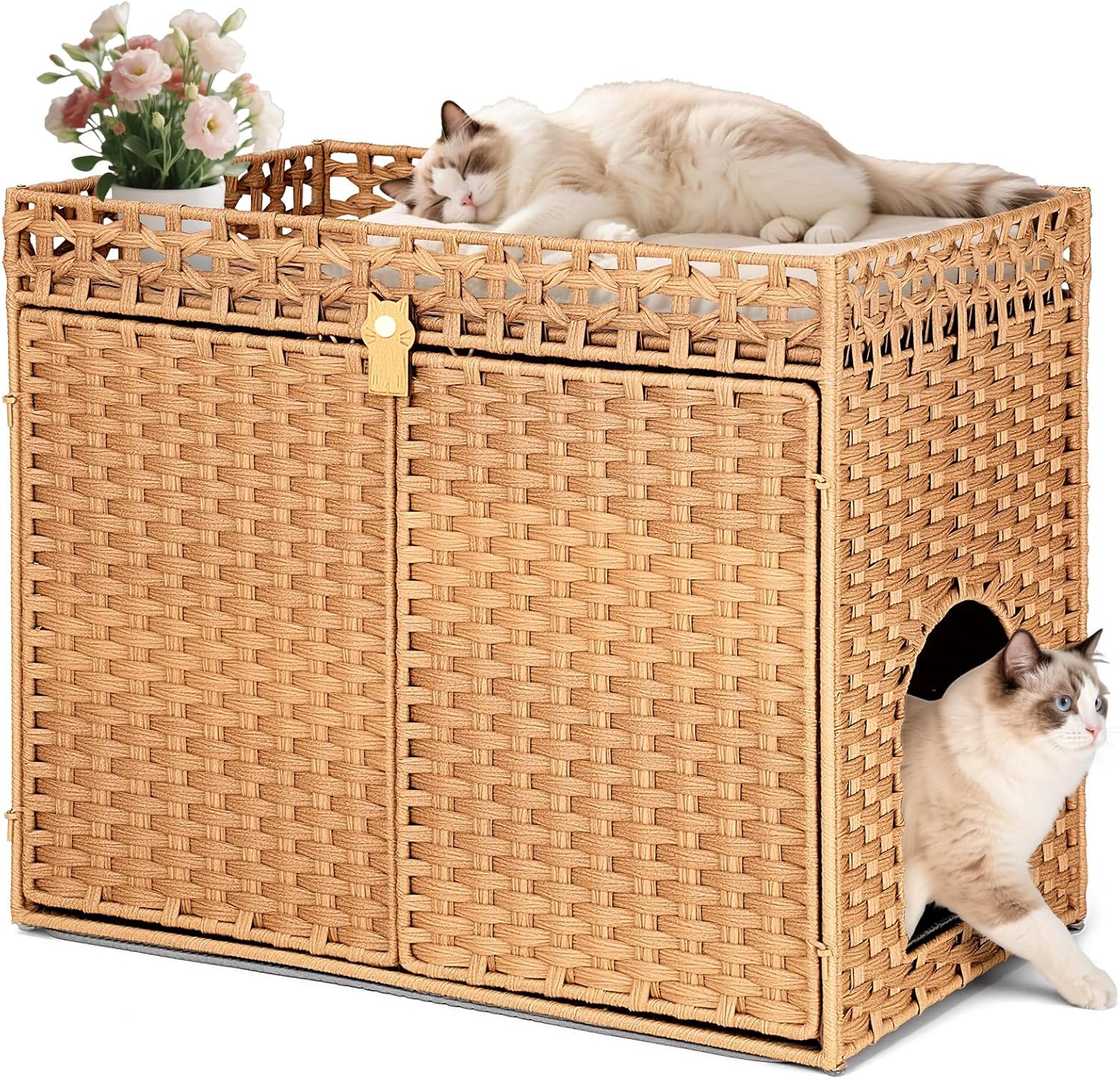 Cat Litter Box Enclosure, Handwoven Rattan Hidden Cat Litter Box Furniture with 2" Raised Mat, Large Foldable Cat House Open Bottom (Natural, Large)