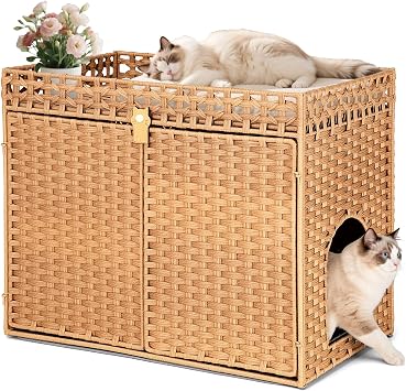 Cat Litter Box Enclosure, Handwoven Rattan Hidden Cat Litter Box Furniture with 2" Raised Mat, Large Foldable Cat House Open Bottom Natural, Large