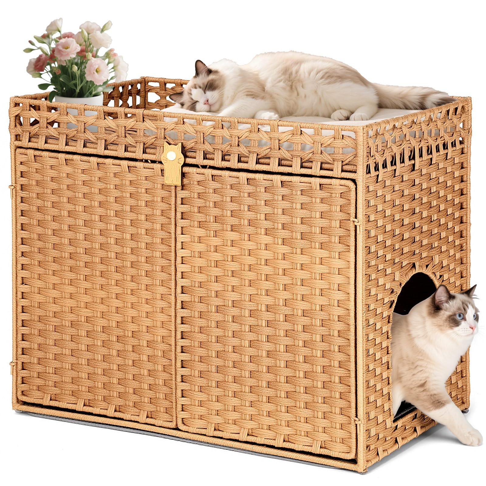 Klippehop Cat Litter Box Enclosure Open Bottom, Handwoven PE Rattan Hidden Litter Box Washroom with 2-Inch Raised Mat, Large Folding Cat House Furniture 77 x 46.5 x 61 cm, Natural