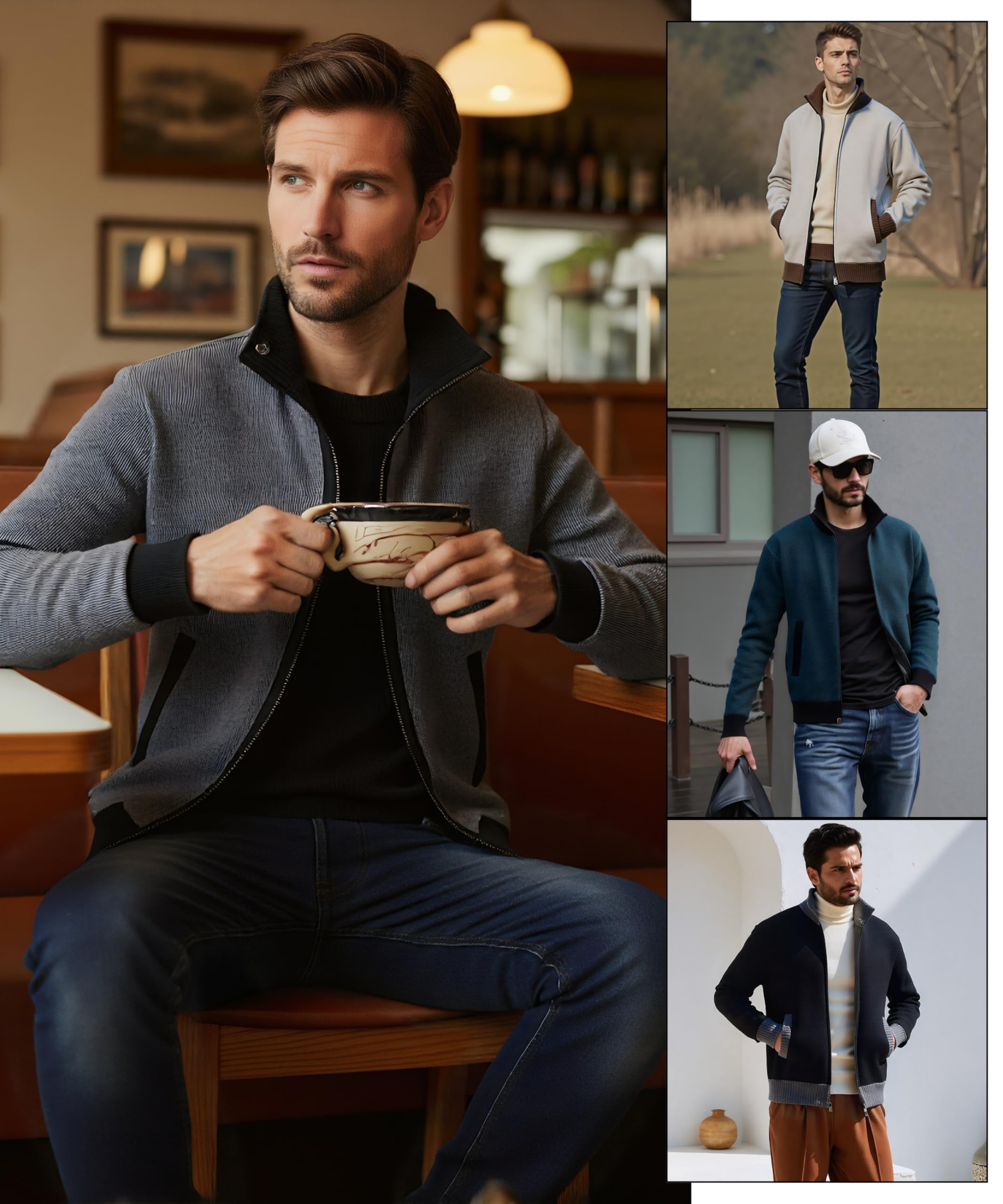 Chaqueta de Cuello Alto Slim Fit Cárdigan Hombre Mangas Largas Cremallera Forro Polar Invierno