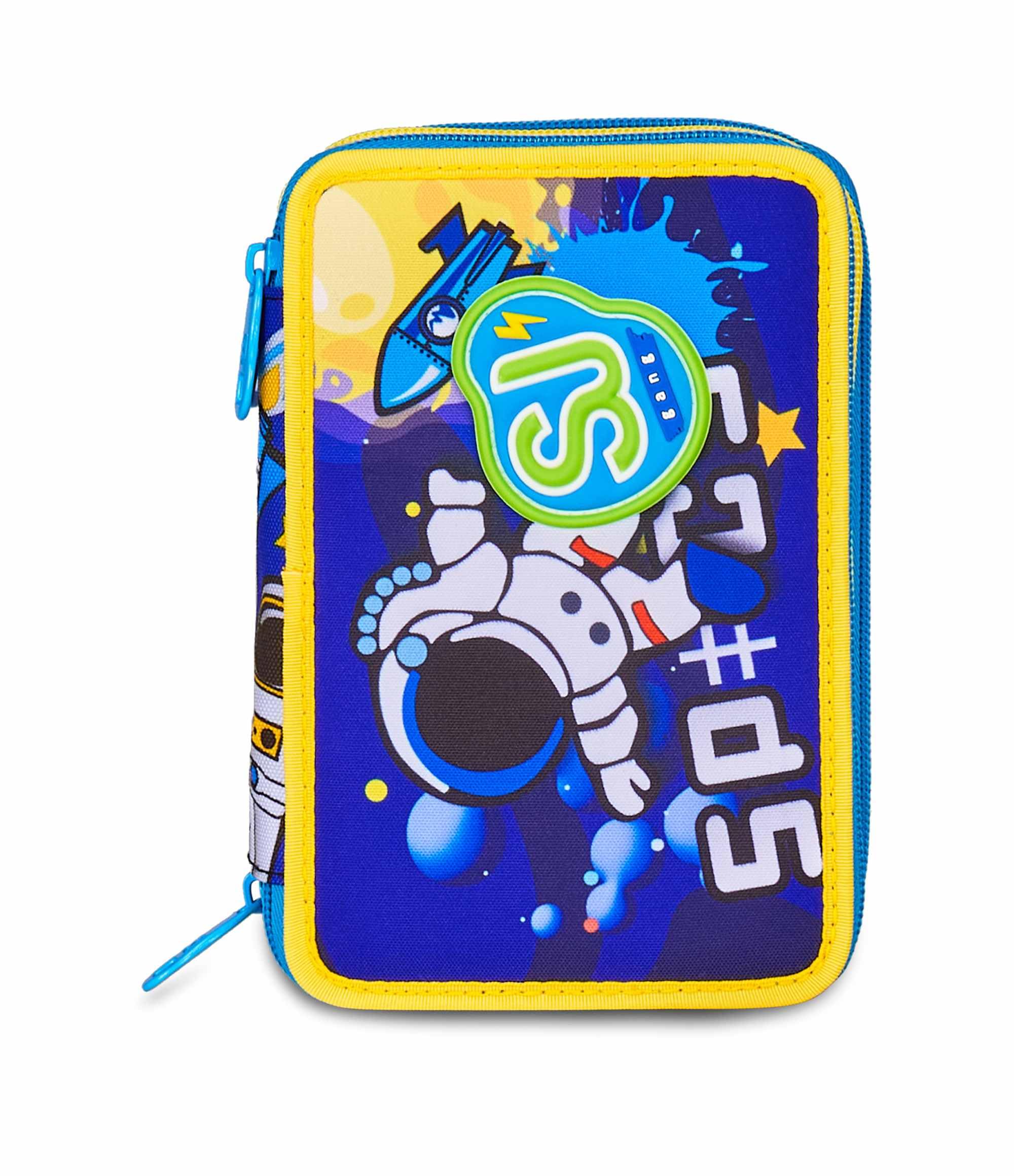 SJ GANG STYLE JAM GANG Astuccio Scuola 3 Zip,Blu e Giallo, Portapenne Triplo Scomparto Completo Di Penne, Matite, Colori, Accessori Zaino, Scuola Elementare, Bambino