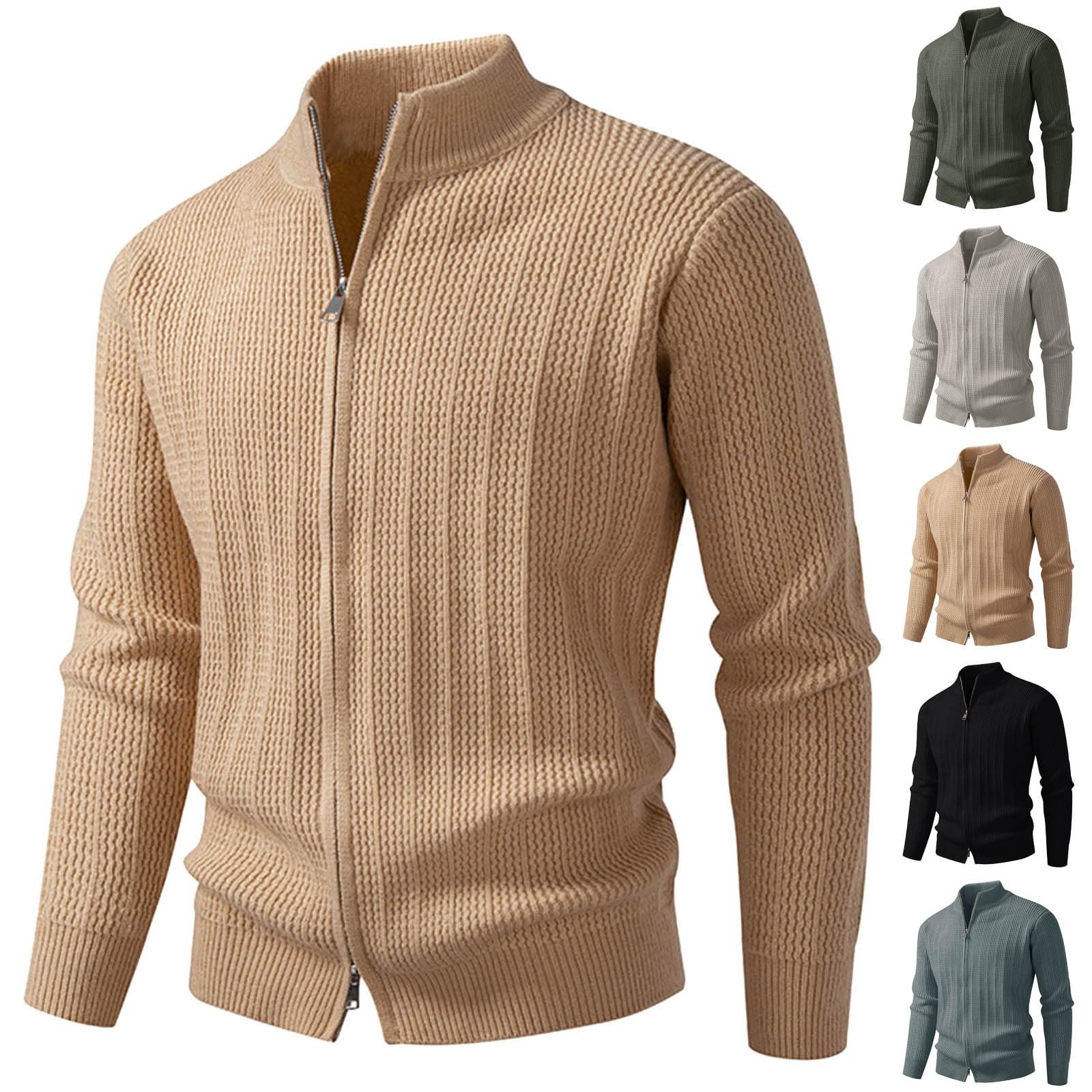 Suéter de punto informal de invierno con cremallera y cuello medio alto, cómodo y cálido, con forro polar, para clima frío.