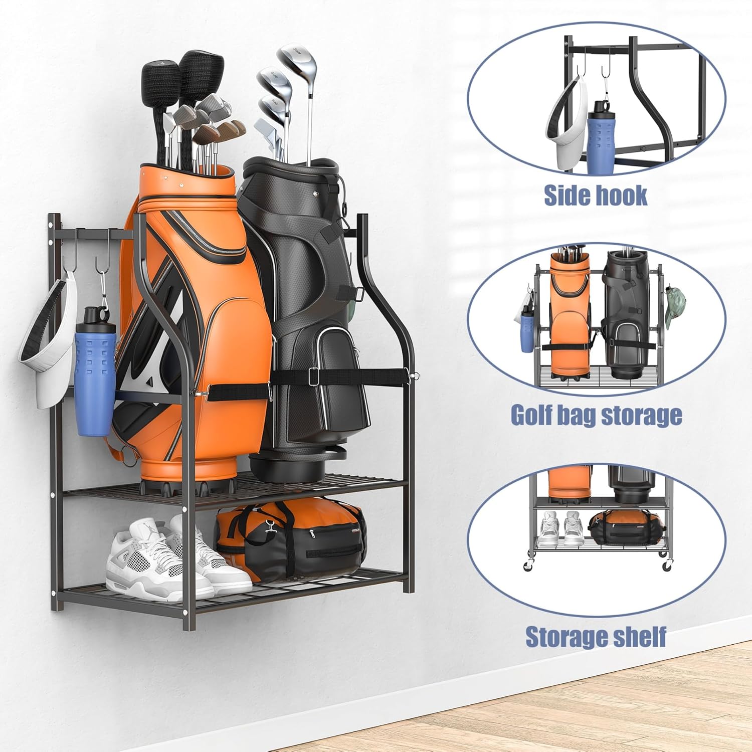 WALMANN Wall-Mounted Golf Bag Organizer, Rolling Storage Rack for 2 Golf Bags with Accessories Shelf for Garage