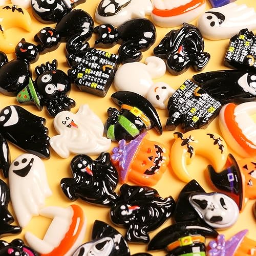Miniatura 4 de Dijes de resina de Halloween para manualidades, 100 cuentas de slime con parte trasera plana, adornos en miniatura para adornos de Halloween,