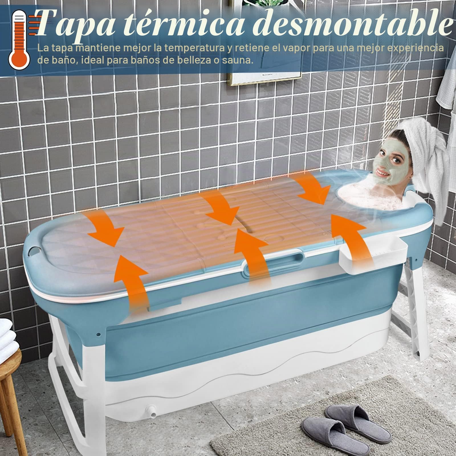 LARS360 Bañera plegable para adultos, bañera de viaje con cubierta extraíble, cesta para jabón y rodillos de masaje, bañera móvil para baño pequeño (128 x 62 x 53 cm)