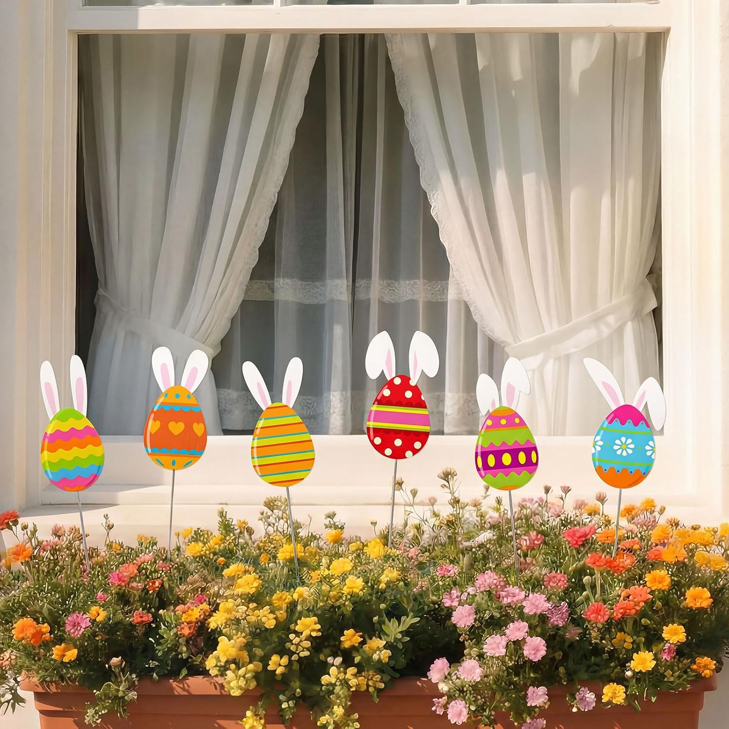 Novabright 12 Pcs Metal Easter Garden Stakes Metal Easter Egg with Bunny Ears Lawn Decor Yard Signs Stake for Outdoor Decorative Yard Signs Garden Lawn Porch Patio Party