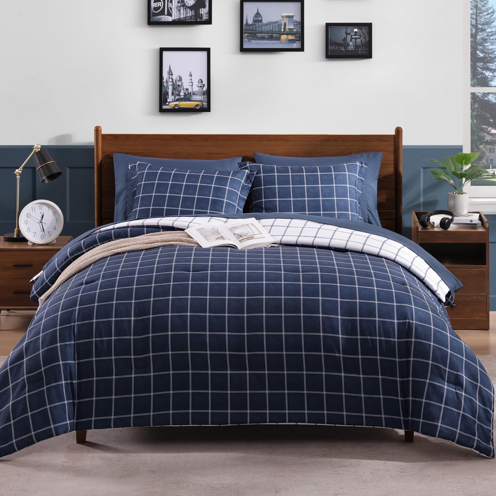 Plaid Queen Schmusetuch Set dunkelblau 7-teilig Wendebett in einer Tasche | Farmhouse Bettwäsche-Set, kariert, für Jungen, Mädchen, Teenager, mit Laken, Kissenbezügen und Kissenbezügen