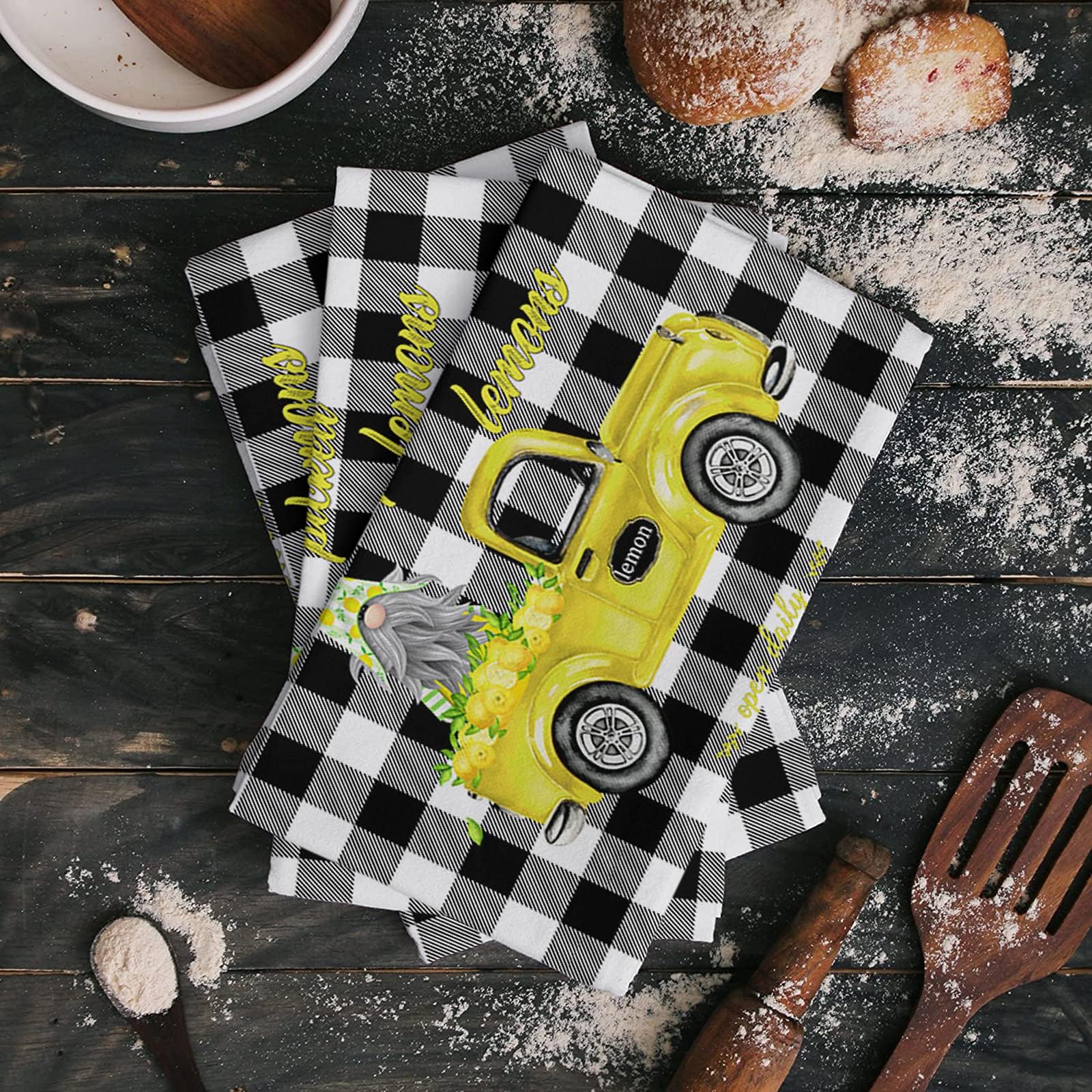 Fahome Microfiber Kitchen Towels Cleaning Cloths, Truck with Lemon Gnome Black and White Buffalo Checkered Soft and Absorbent Dish Towels, 1 Pack Dishcloths Wash Drying Dishes Rags, 18" x 28"