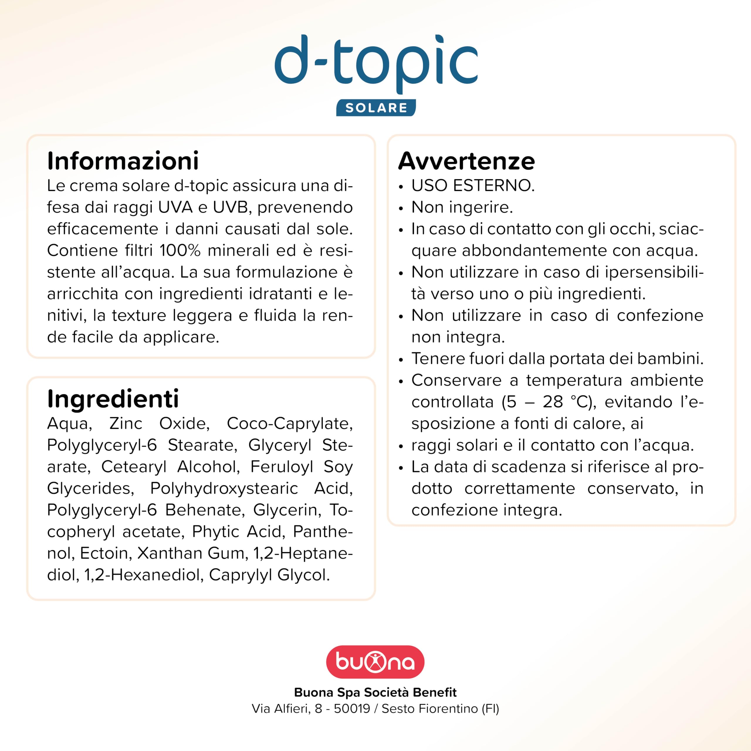 Buona d-topic Solare Crema Solare 50 Bambini 100 ml Protezione Solare Neonato per Pelle Sensibile e Delicata, Filtri 100% Minerali, Resistente All’Acqua, Senza Filtri Chimici, Effetto Invisibile