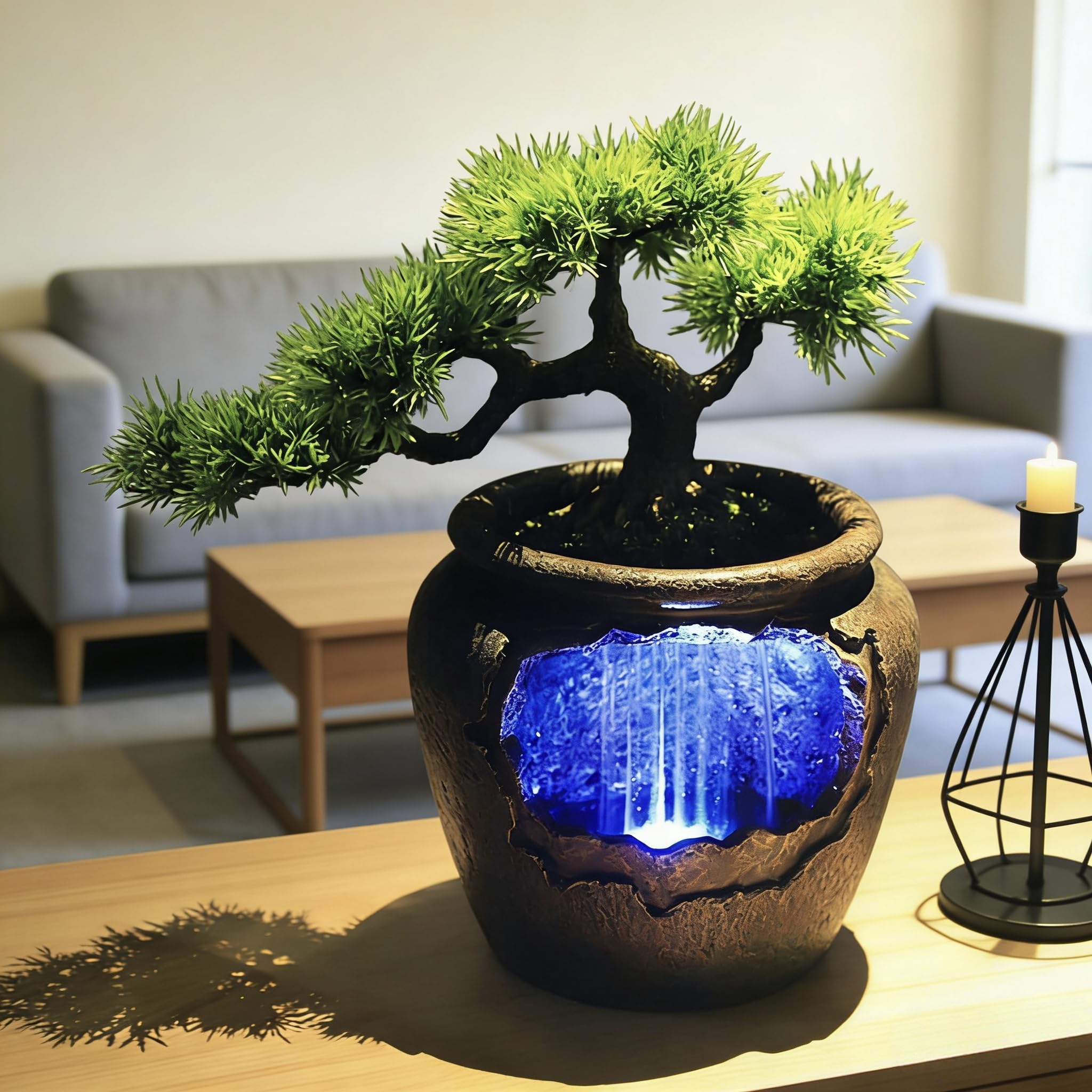 12Inch Fake Bonsai Tree Small Waterfall Fountain Indoor Tabletop Decoration with LED Lights and Water Flow, Resin Desktop Water Fountains Indoor Home Decor or Festival Birthday Surprise
