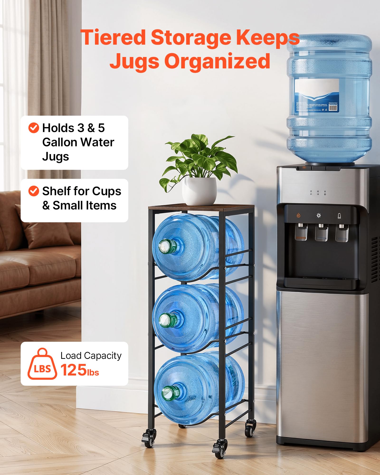VEVOR Estante para Garrafas de Agua, Soporte para Botellones de Agua, Estantería con Ruedas con Freno para 3 Botellas con Estante Superior, Organizador de Almacenamiento para Oficina Comedor Salón