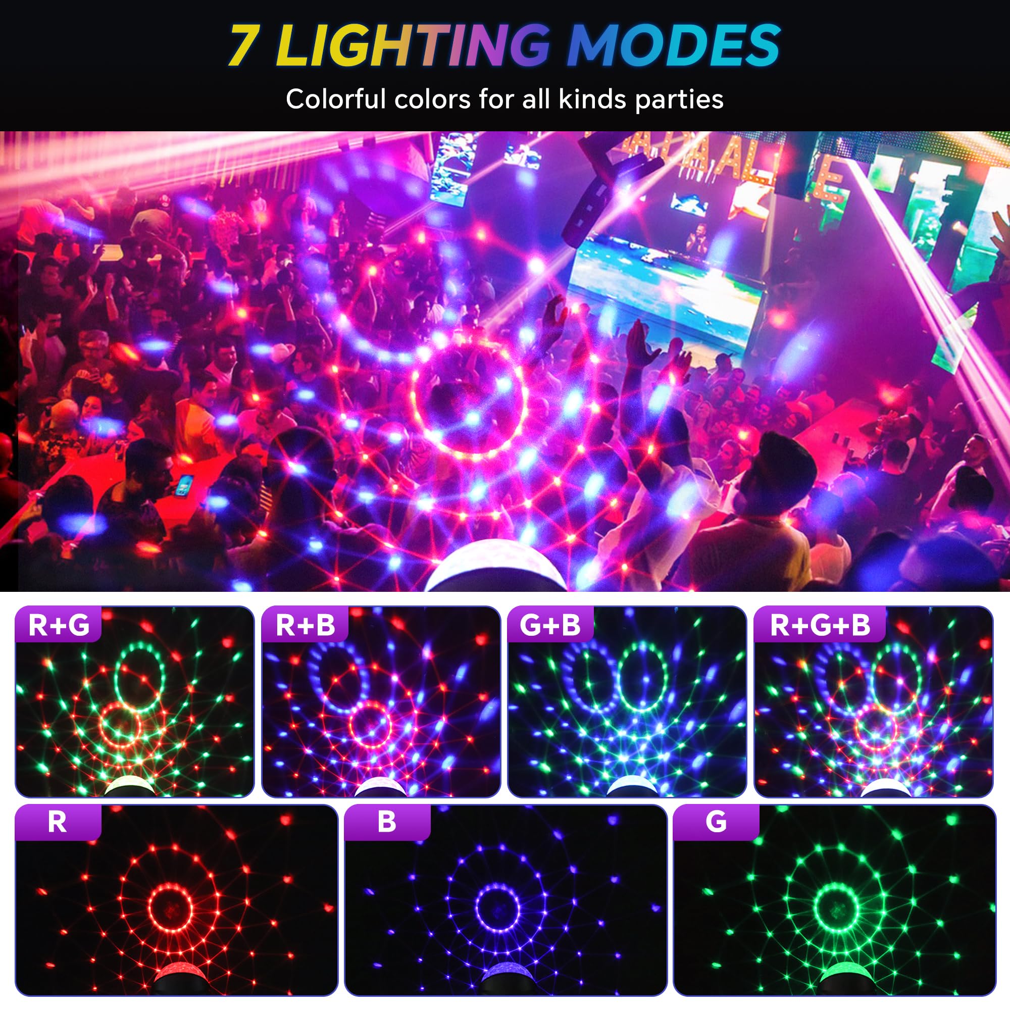 Luci Discoteca RGB, Portatile 360" Ruotabile Musica Attivata Telecomando LED Luci da Festa, Sfera Luminosa da Discoteca con Ventosa Per Home Dance Parties KTV Party,Bar, Club, Festa